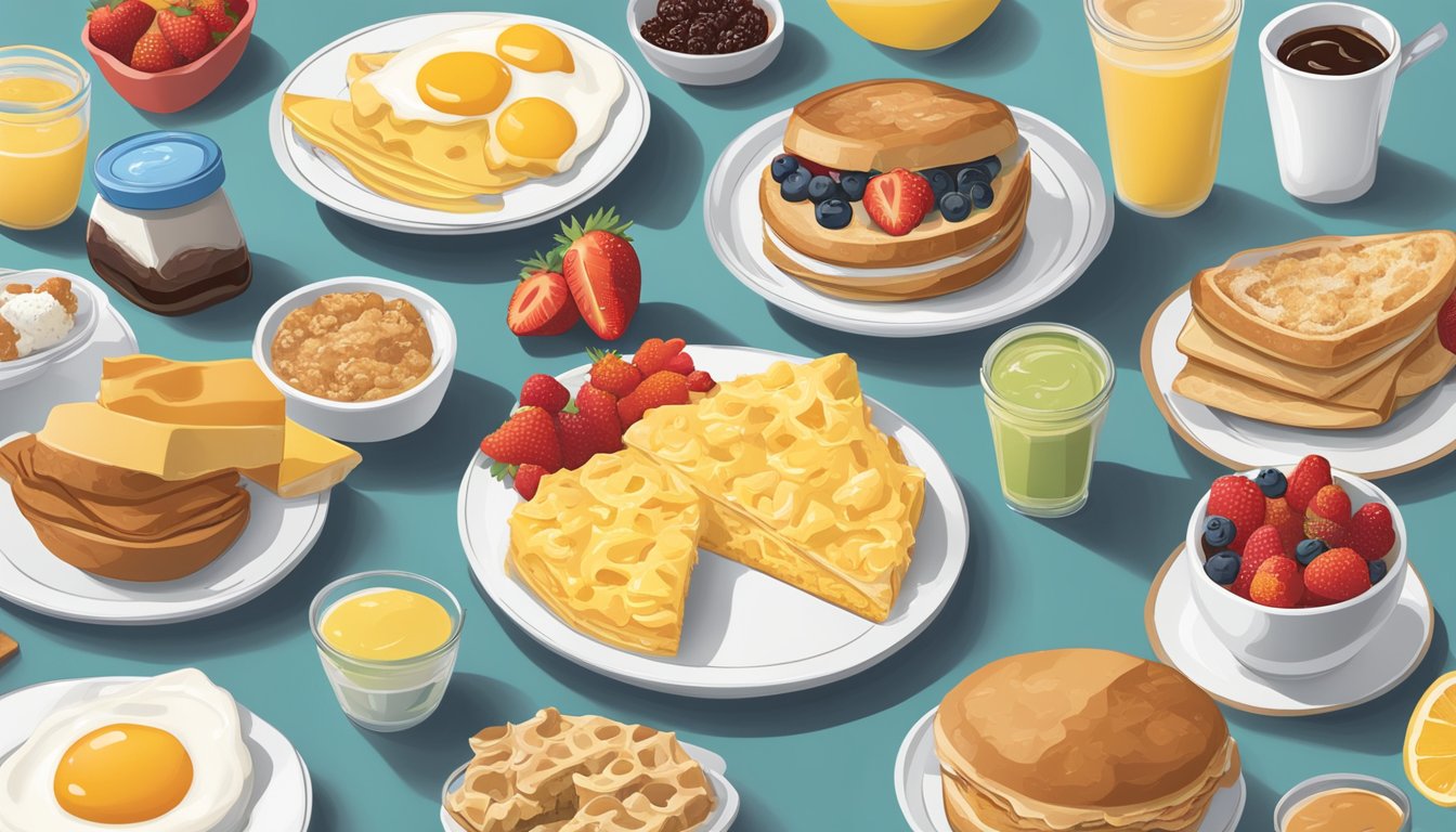 A colorful spread of breakfast items with detailed nutritional labels, surrounded by a clock showing the evolution of Chick-fil-A's breakfast hours