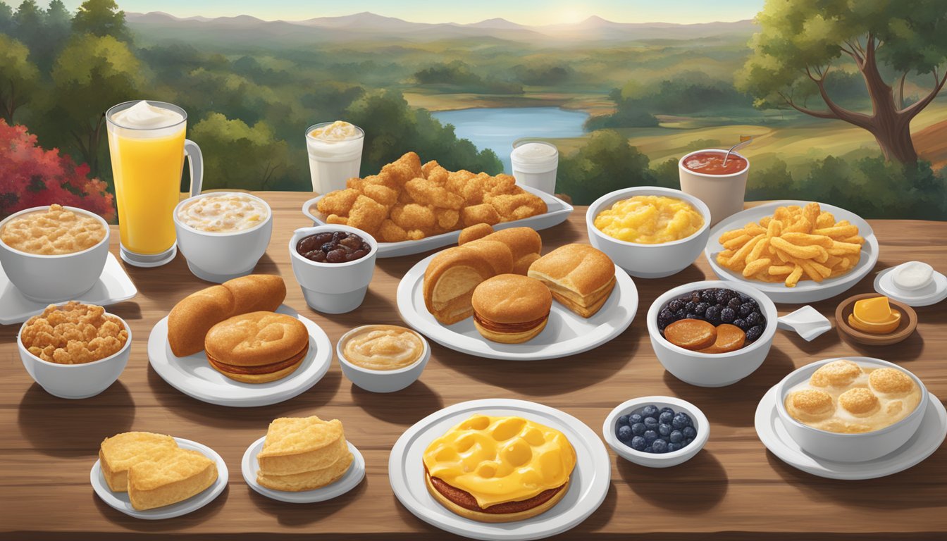 A colorful array of regional breakfast items from Chick-fil-A locations, arranged on a rustic wooden table with a backdrop of various regional landscapes