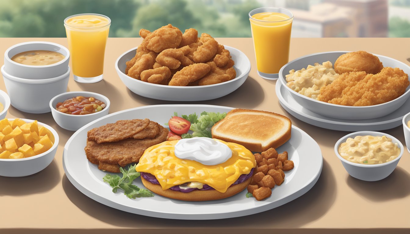 A colorful spread of regional breakfast dishes from Chick-fil-A locations, with nutritional information and dietary preferences displayed