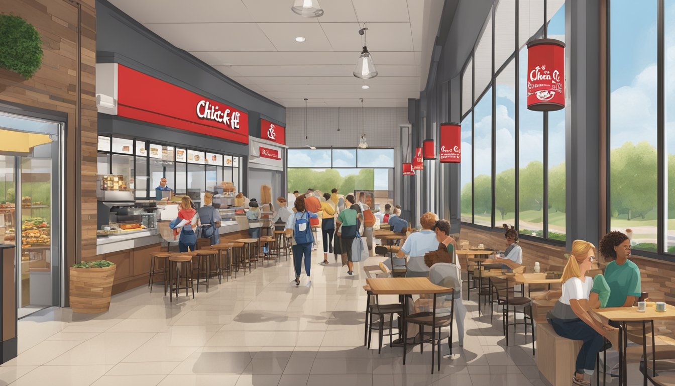 Chick-fil-A locations bustling with customers enjoying breakfast favorites in a variety of regional flavors. Storefronts feature accessible entrances and operational hours signage