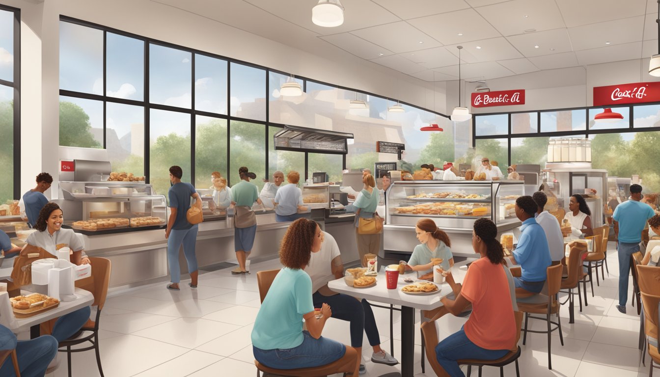 A bustling Chick-fil-A breakfast scene with a mix of traditional and innovative menu items being served to eager customers