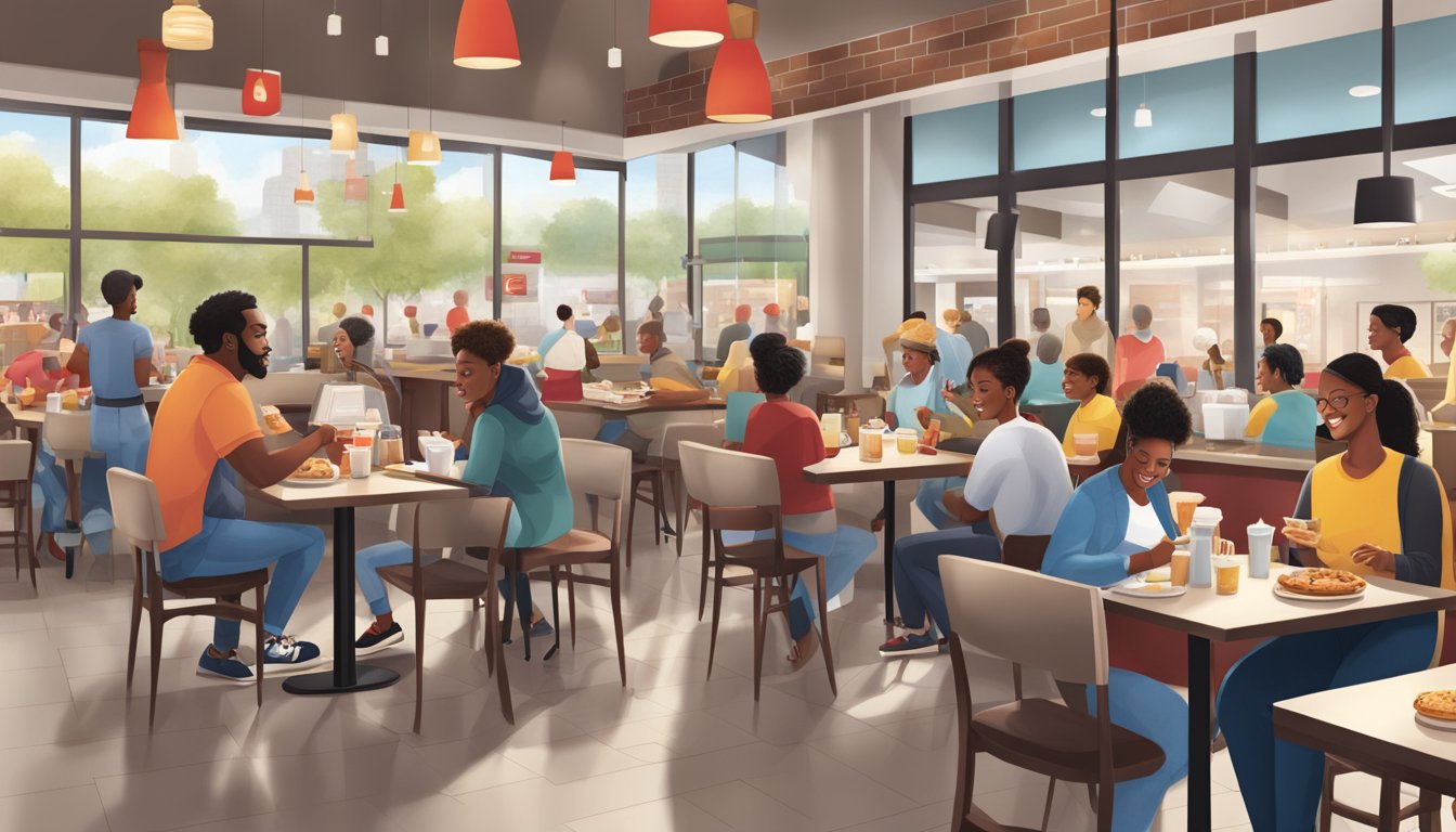 A bustling Chick-fil-A restaurant with diverse customers enjoying breakfast, while staff members promote loyalty programs and engage with patrons