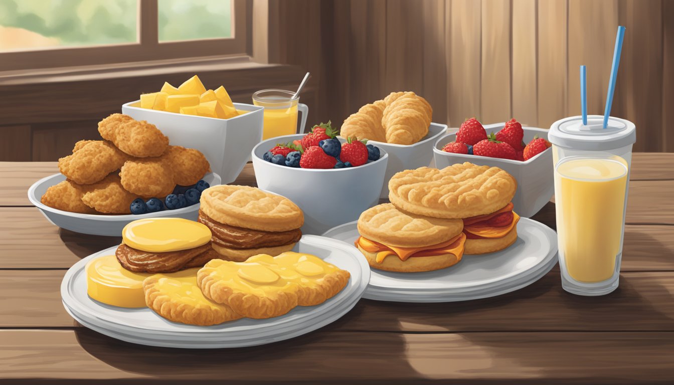 A colorful spread of regional breakfast favorites, including biscuits, chicken, and fresh fruit, is displayed on a rustic wooden table at a Chick-fil-A location