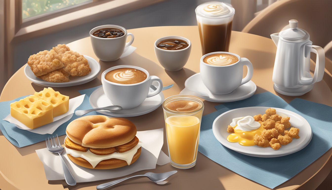 A cozy Chick-fil-A breakfast scene with a steaming cup of coffee surrounded by innovative breakfast items