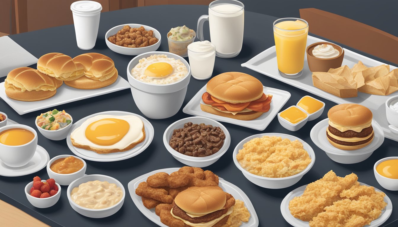 A spread of regional breakfast items displayed on a table, with pricing and value meal options highlighted, set against the backdrop of various Chick-fil-A locations