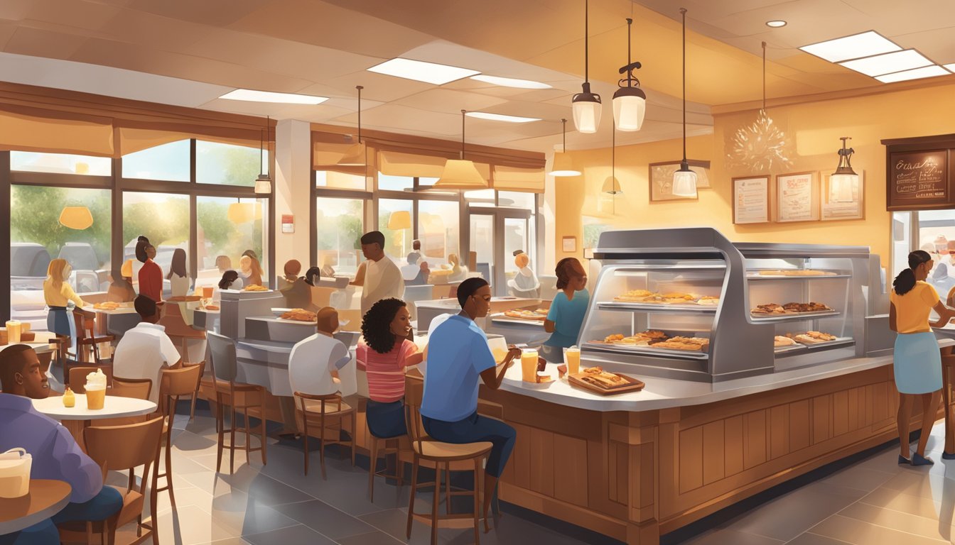 A bustling Chick-fil-A breakfast rush, with traditional favorites and innovative new menu items on display. Sunrise colors and warm, inviting atmosphere