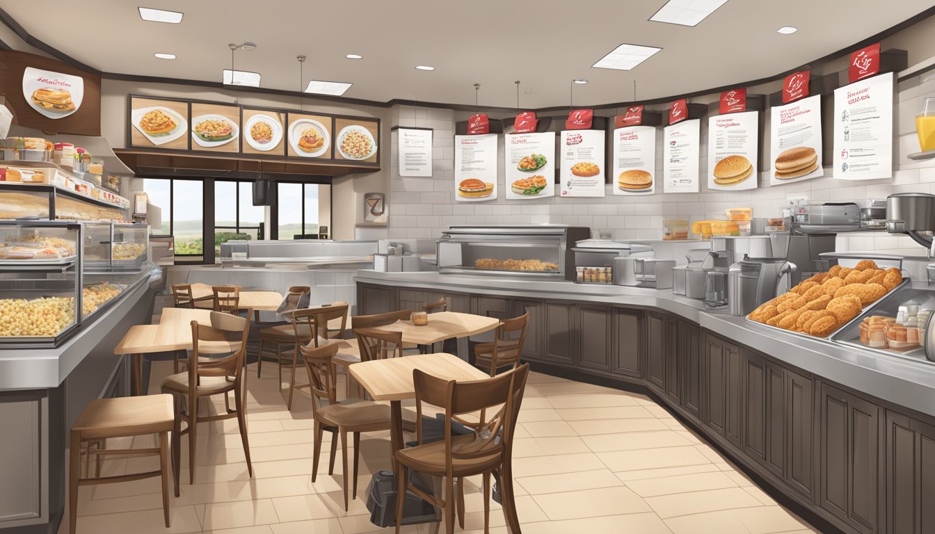 A bustling Chick-fil-A restaurant with a diverse array of breakfast items on display, including regional favorites and a sign promoting customization and special requests