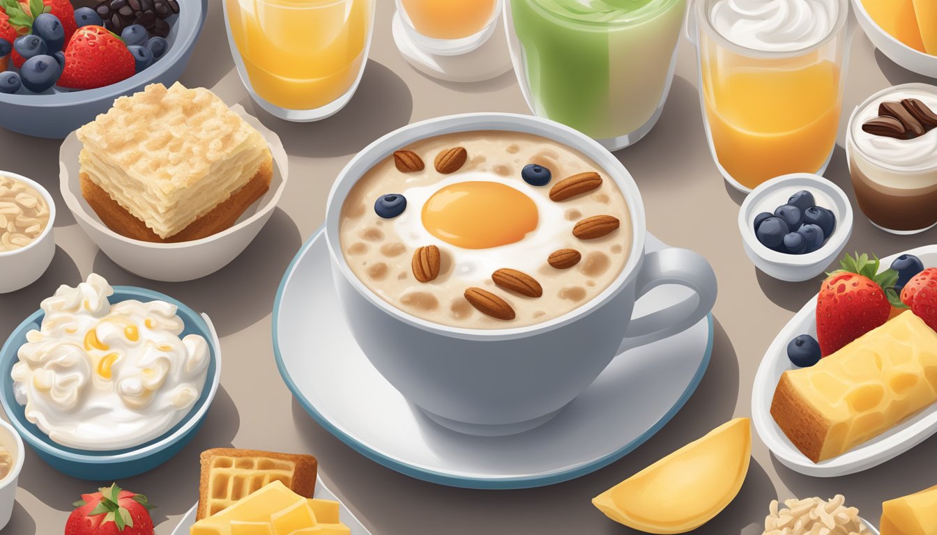 A steaming cup of Chick-fil-A breakfast coffee surrounded by a variety of nutritious breakfast options, including fruit, yogurt, and whole grain items