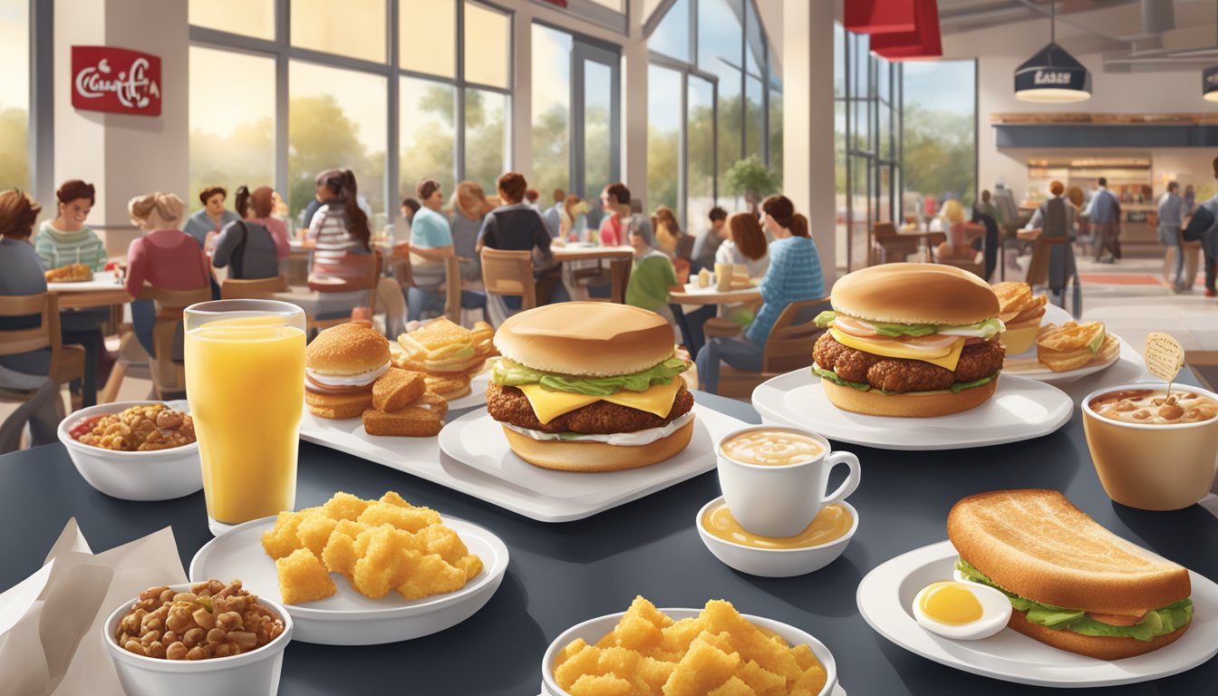 A bustling Chick-fil-A breakfast scene with a mix of classic and modern menu items being served and enjoyed in a vibrant, inviting atmosphere