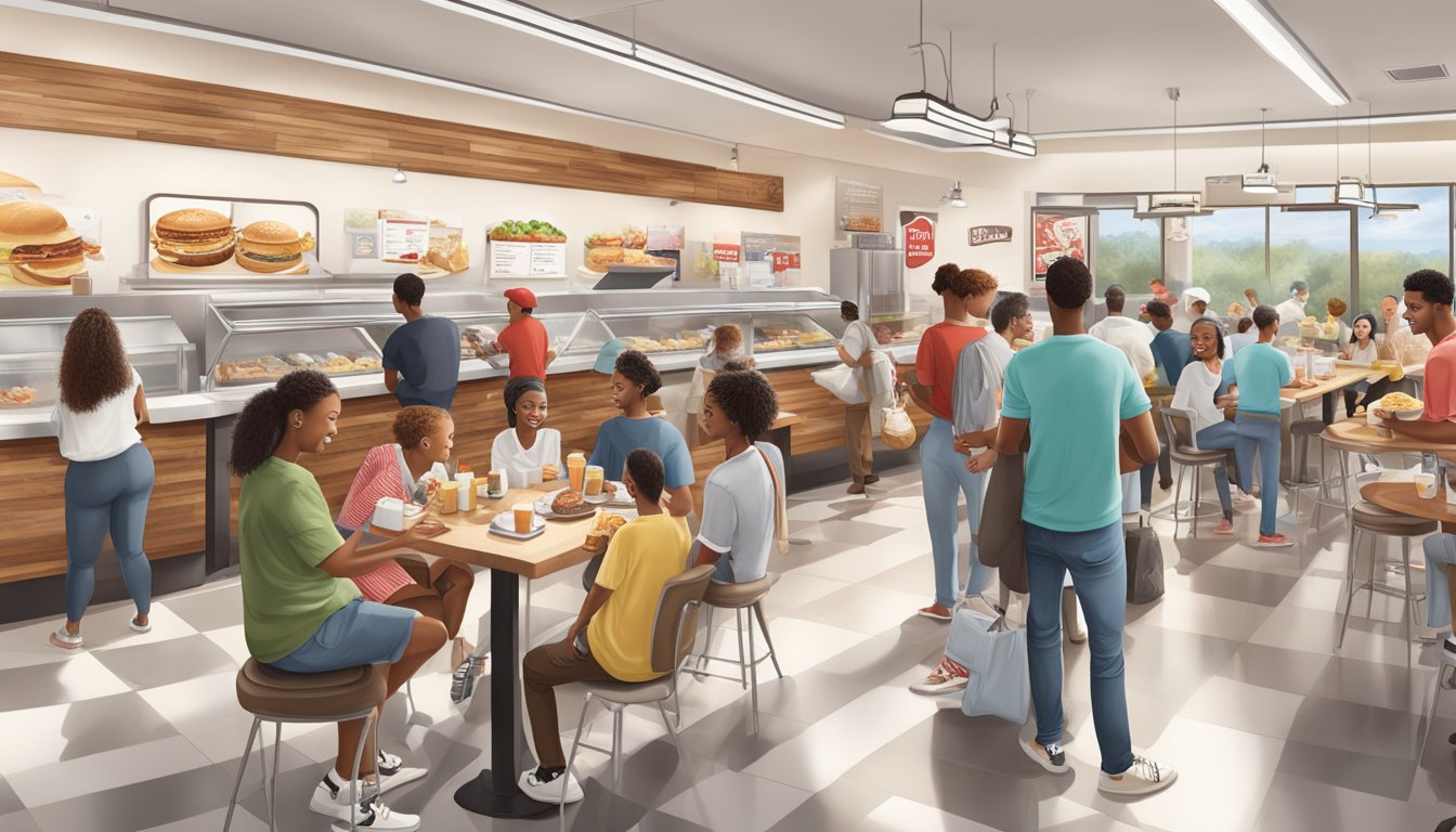 A bustling Chick-fil-A breakfast scene with a mix of traditional and innovative menu items on display, surrounded by engaged and loyal customers