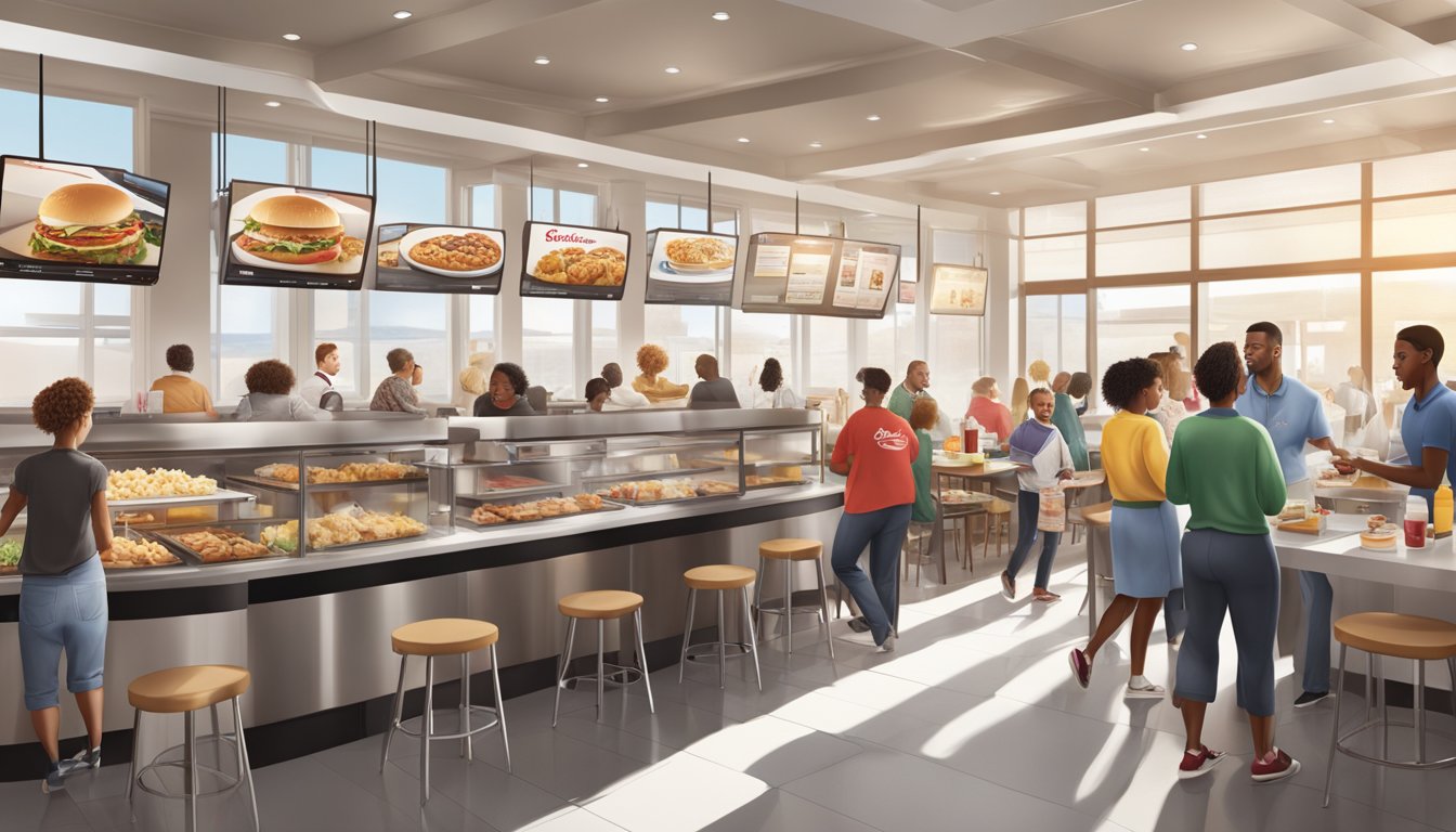 A bustling Chick-fil-A restaurant at breakfast time, with a mix of traditional and innovative menu items being served to a diverse group of customers