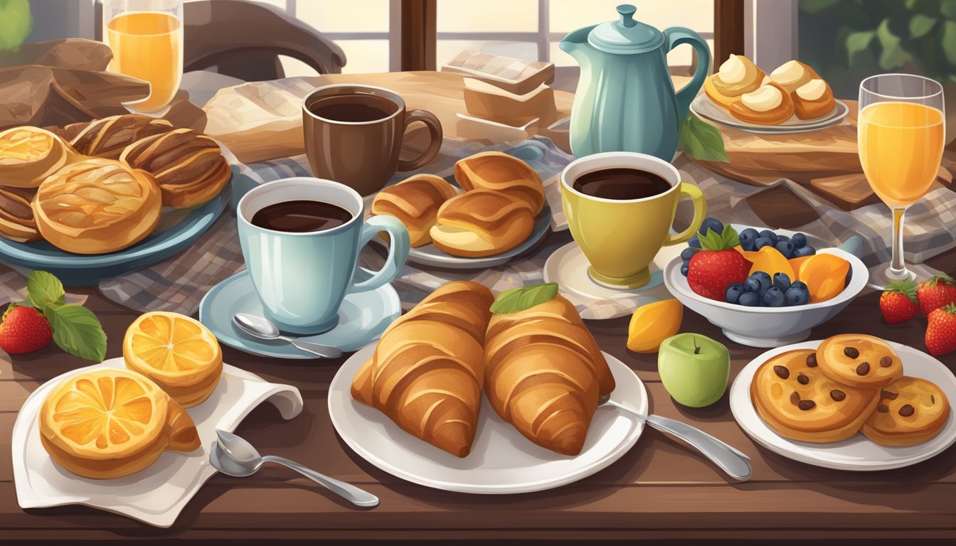 A cozy kitchen table set with a spread of seasonal breakfast items, including warm pastries, fresh fruit, and steaming mugs of coffee