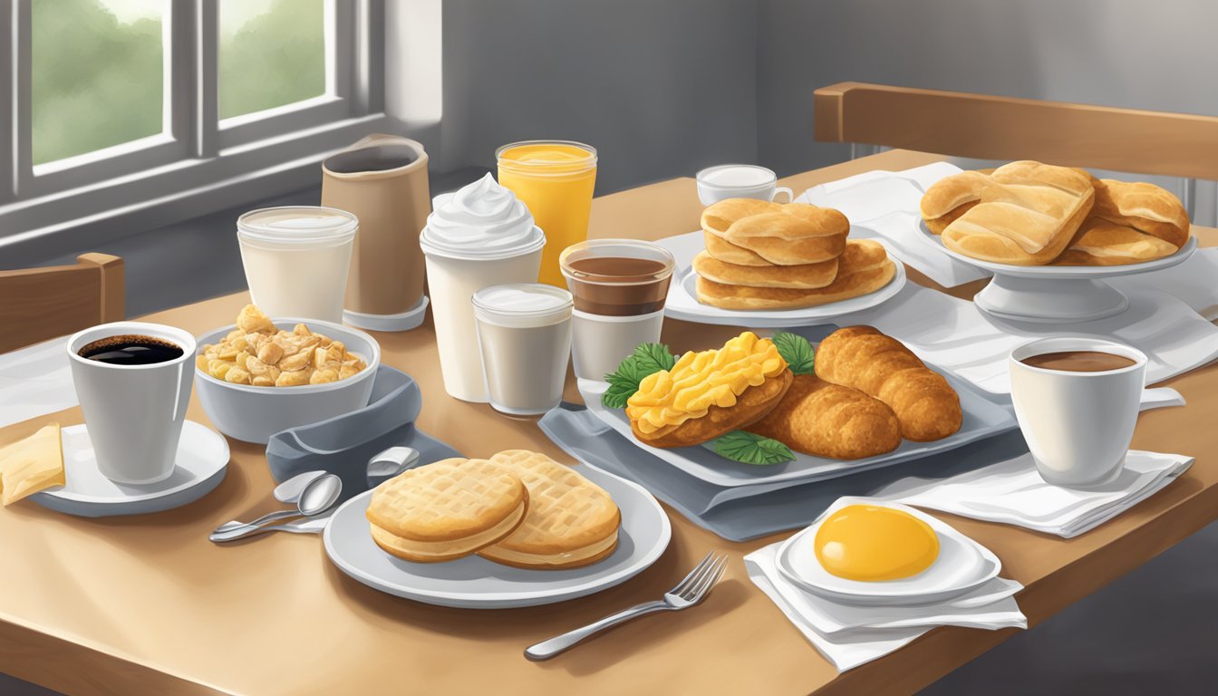 A table set with Chick-fil-A breakfast items, including chicken biscuits, fruit trays, and coffee, ready for a morning meeting