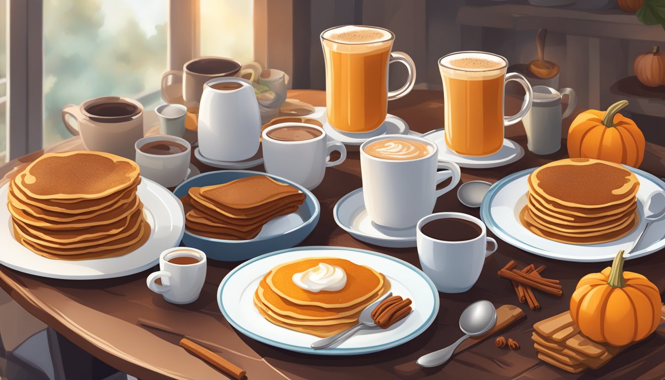 A cozy breakfast table with steaming mugs of hot cocoa and spiced apple cider, surrounded by plates of pumpkin pancakes and cinnamon french toast