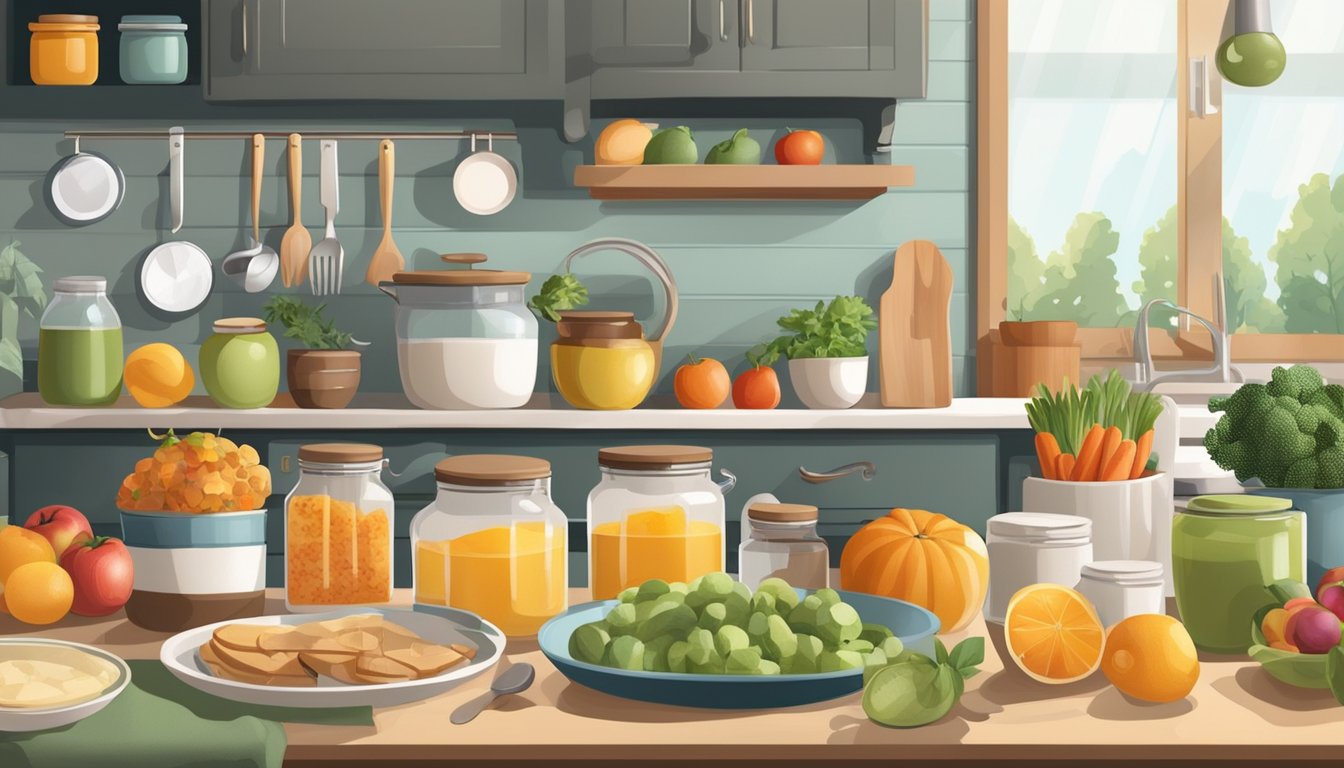 A cozy kitchen with a variety of seasonal breakfast items neatly organized in labeled containers, surrounded by fresh fruits, vegetables, and cooking utensils