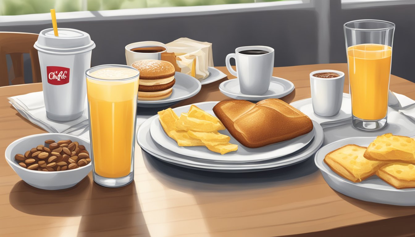 A table set with Chick-fil-A breakfast items, coffee, and juice, ready for a morning meeting