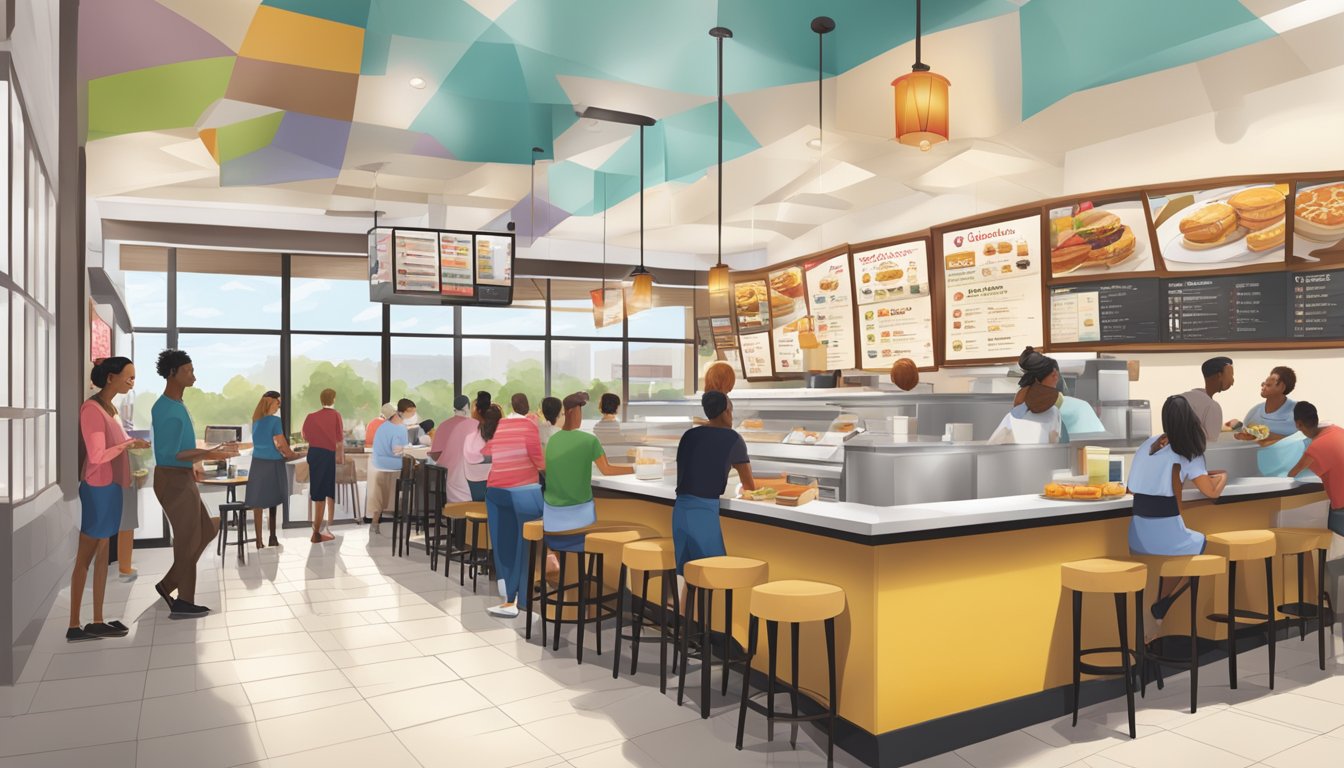 A bustling Chick-fil-A restaurant with a colorful breakfast menu board and a steady flow of customers ordering breakfast items throughout the day