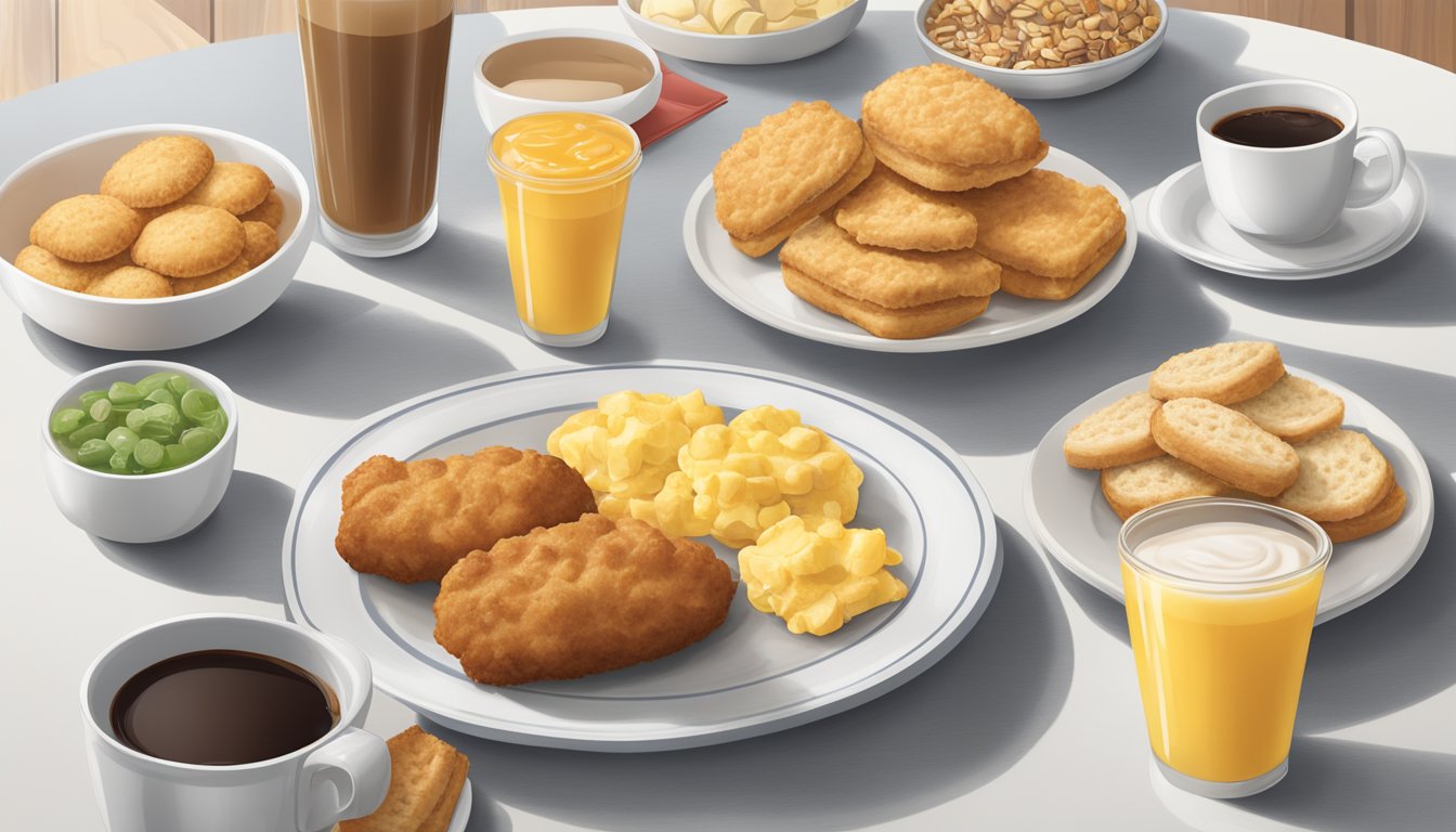 A table with a spread of Chick-fil-A breakfast items, including biscuits, chicken minis, fruit, and coffee, with clear labels for allergen information