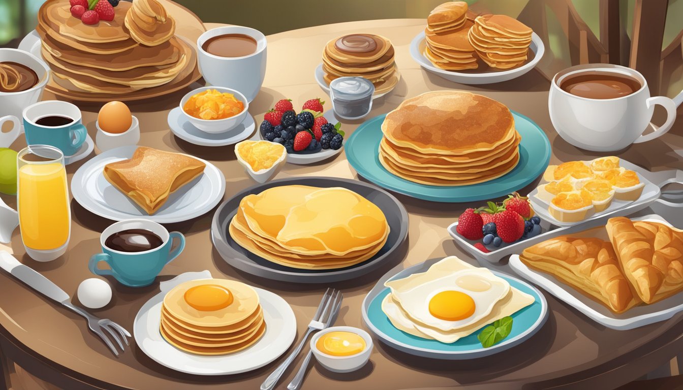 A table set with a variety of breakfast items, including pancakes, eggs, fruit, and pastries, with a mix of traditional and creative twists