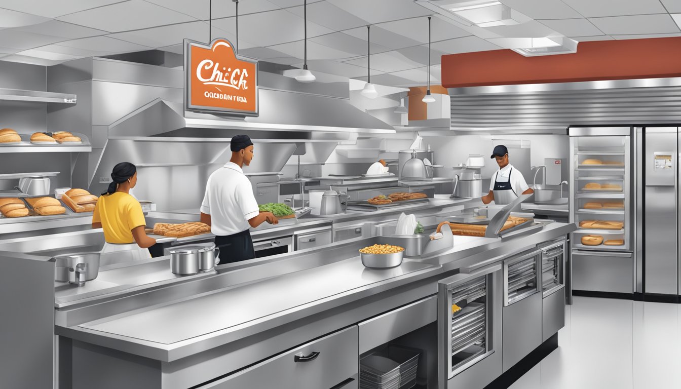 Chick-fil-A employees adjusting kitchen equipment and signage to accommodate all-day breakfast service