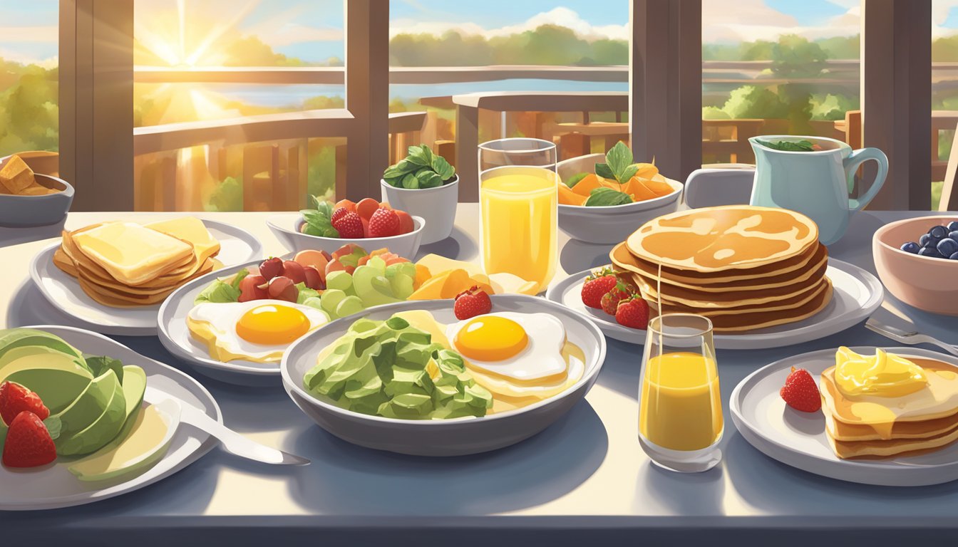 A table set with a variety of brunch dishes, including pancakes, eggs benedict, fruit salad, and avocado toast. Sunlight streams through a window, casting a warm glow over the spread