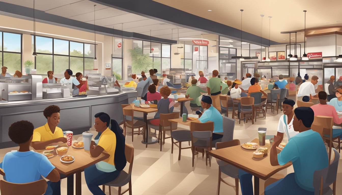 A bustling Chick-fil-A restaurant with a diverse crowd enjoying breakfast items at all hours of the day, while employees work efficiently to keep up with the demand