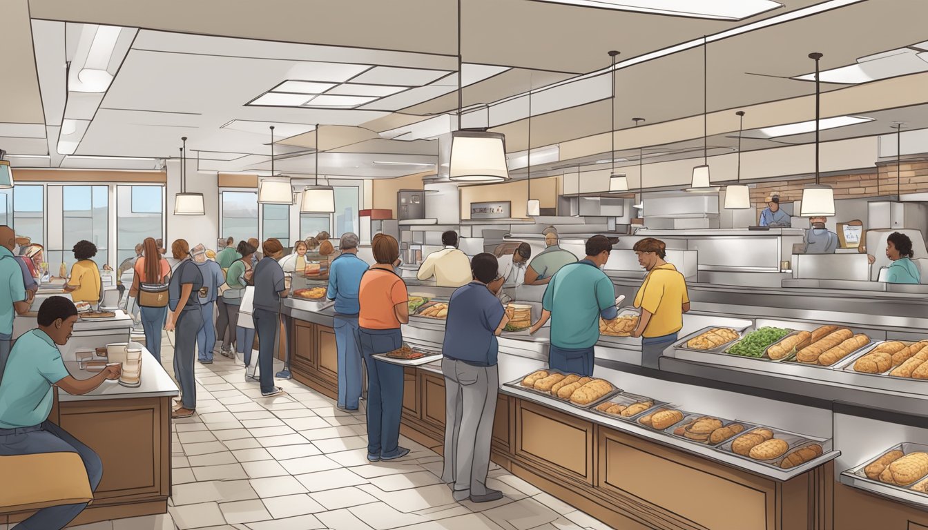 A bustling Chick-fil-A restaurant with a line of customers snaking out the door, as employees work efficiently to keep up with the demand for all-day breakfast items