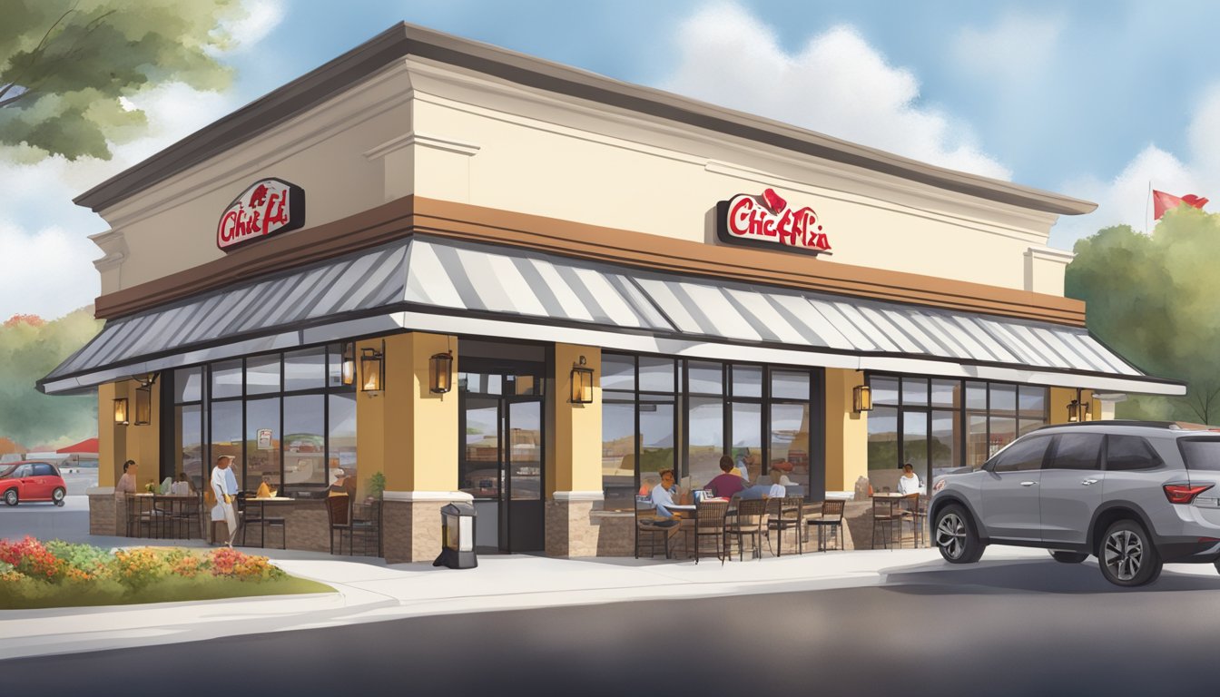 Chick-fil-A restaurant with breakfast items on the menu, busy drive-thru, and increased foot traffic