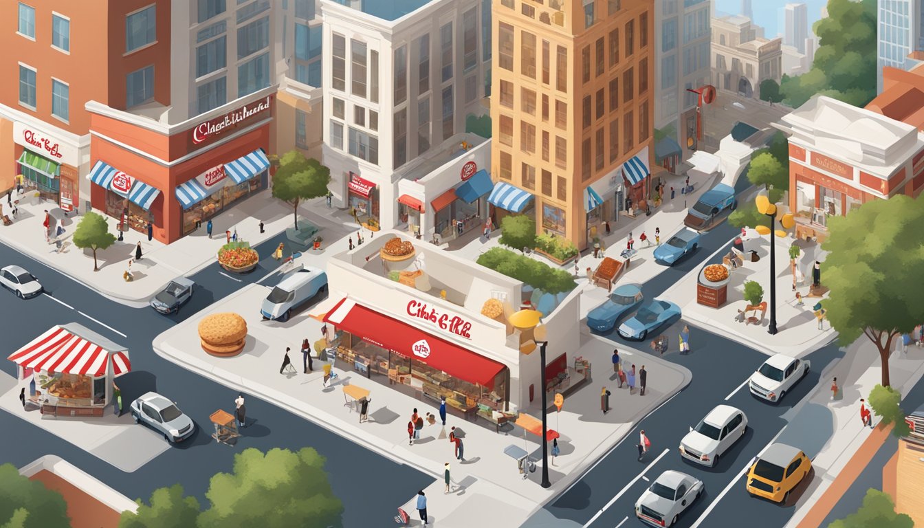 A bustling cityscape with iconic Chick-fil-A breakfast items showcased in various international settings, surrounded by diverse cultural landmarks