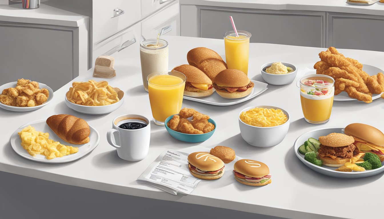 A colorful Chick-fil-A breakfast menu displayed on a clean, white countertop with a variety of food items and beverages