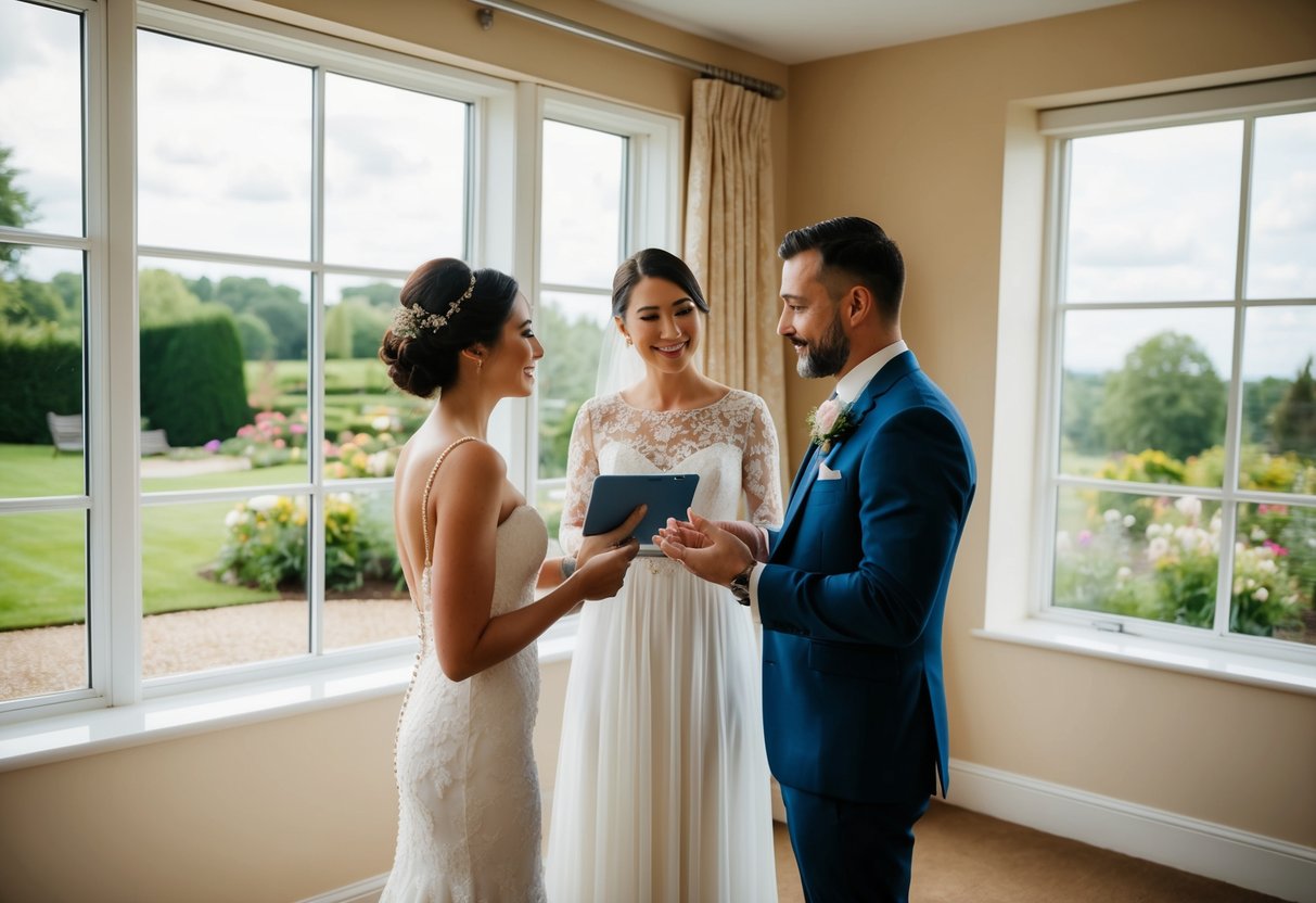 A couple and a wedding venue representative discussing pricing and details in a cozy room with large windows overlooking a picturesque garden