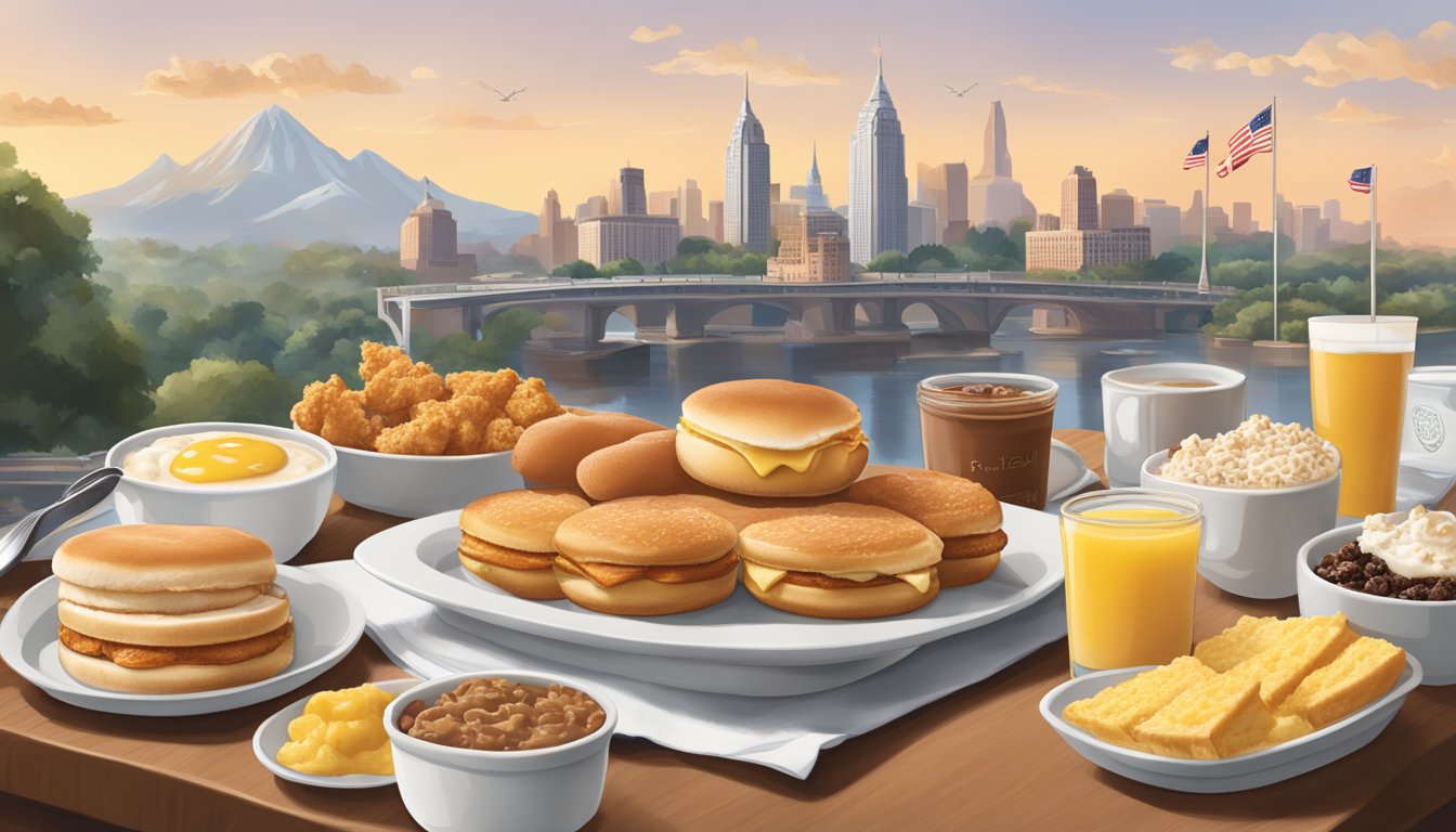 A bustling Chick-fil-A breakfast spread with international landmarks in the background