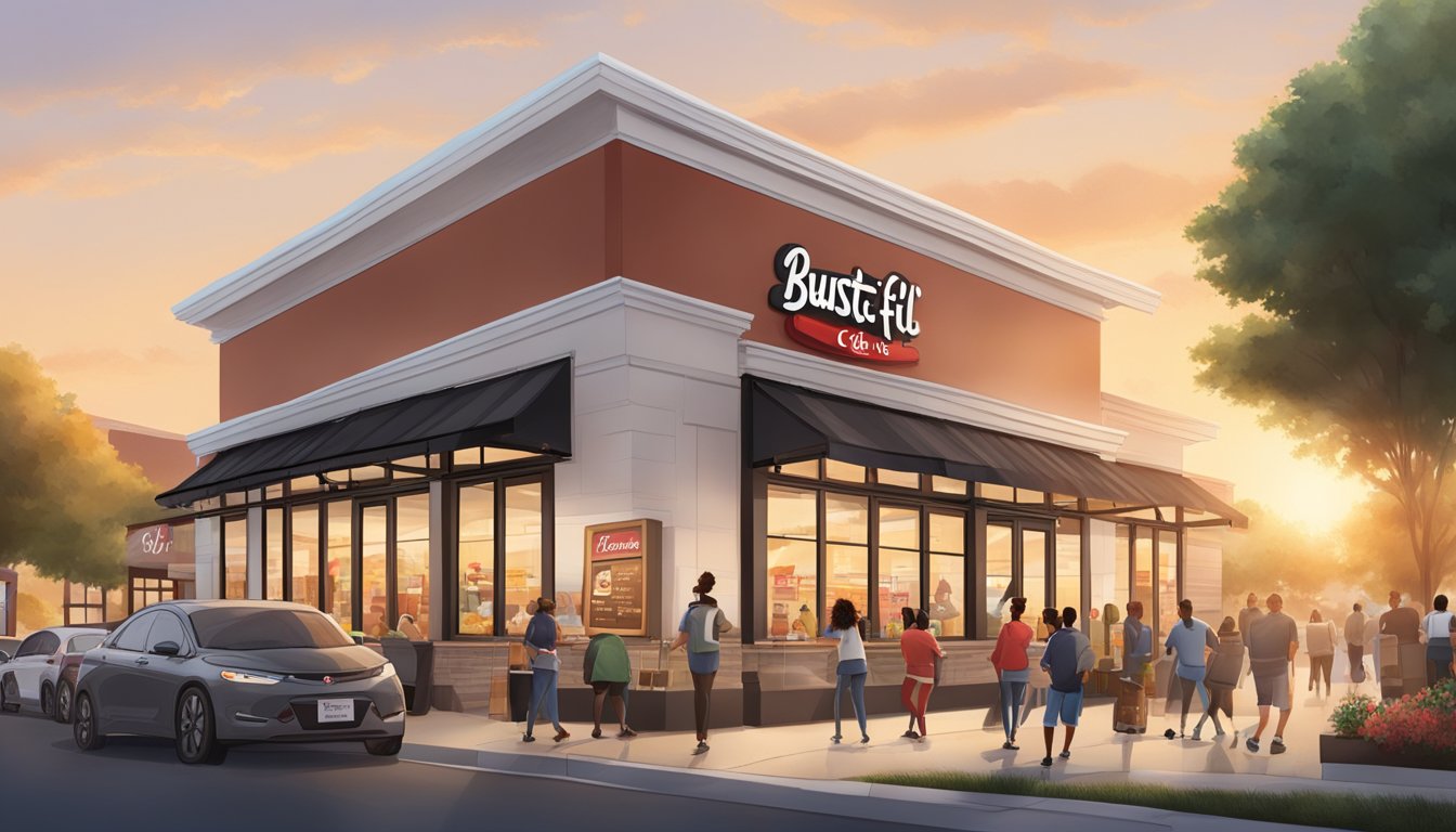 A bustling Chick-fil-A restaurant at sunrise, with a line of customers wrapped around the building. Social media logos and breakfast menu items prominently displayed