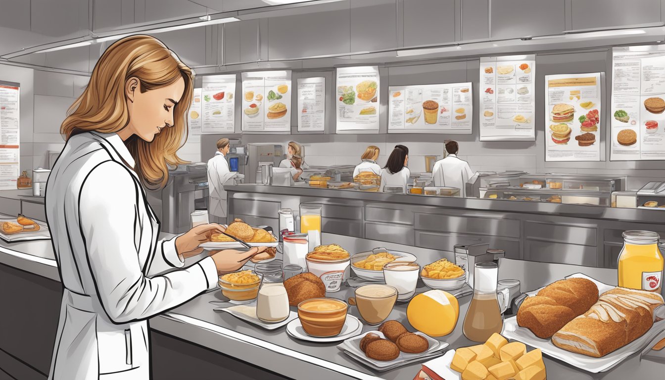 A dietitian examining Chick-fil-A breakfast items with a focus on caloric content and health benefits, surrounded by nutritional charts and food labels