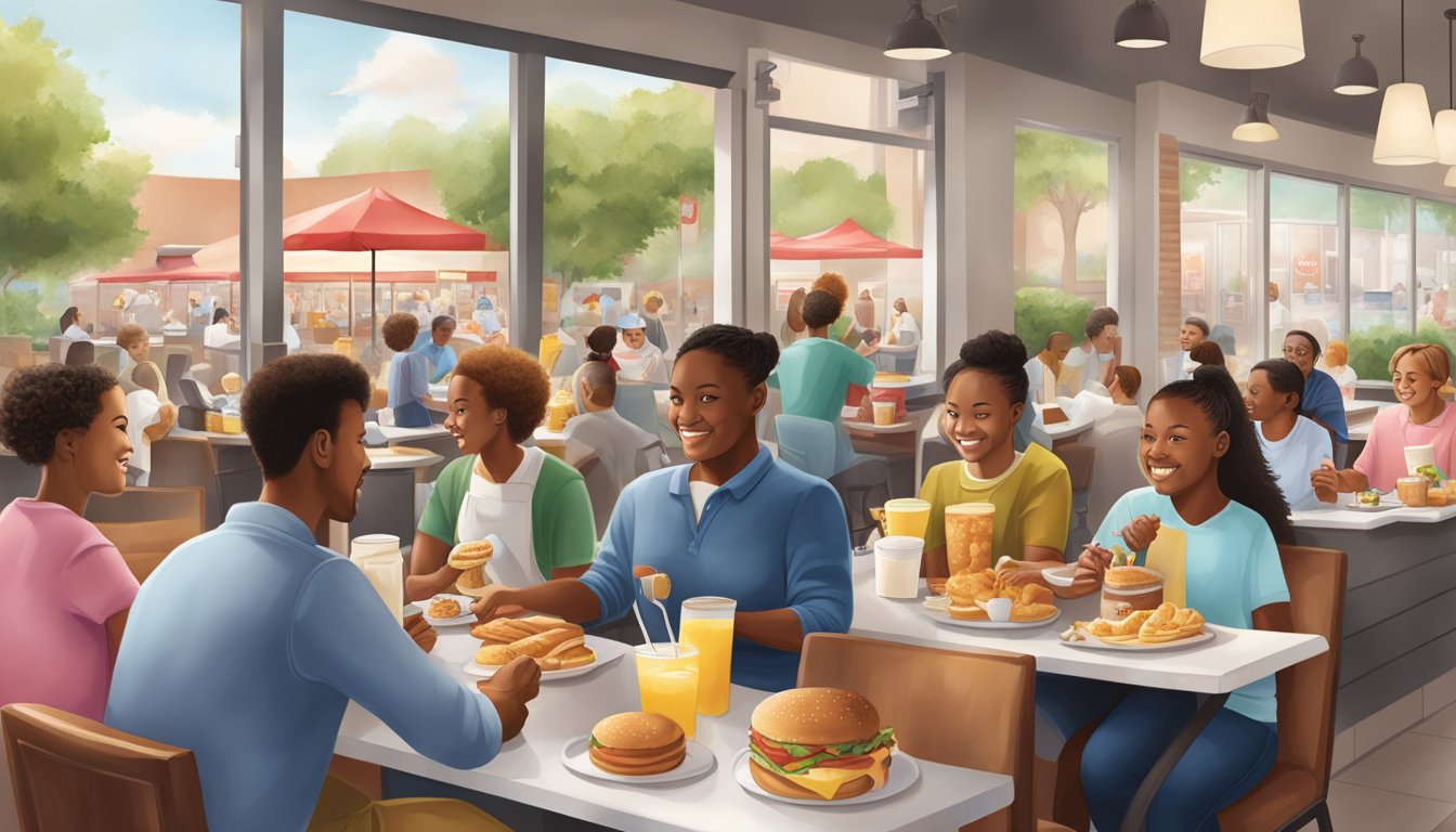 A bustling Chick-fil-A breakfast scene with diverse global settings and customers enjoying their meals