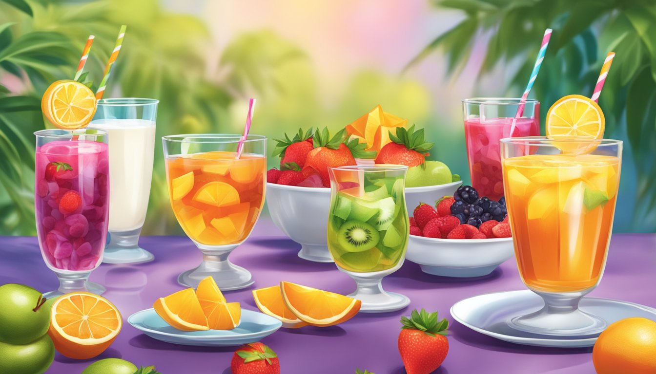 A colorful array of fresh fruit, yogurt parfaits, and iced tea on a vibrant table setting