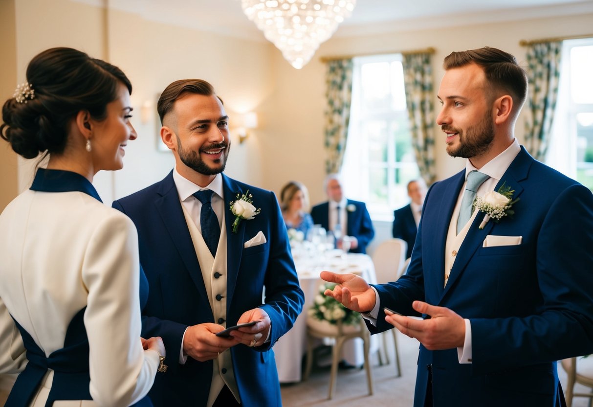 A couple and a venue representative discussing options and services in a charming wedding venue in the UK
