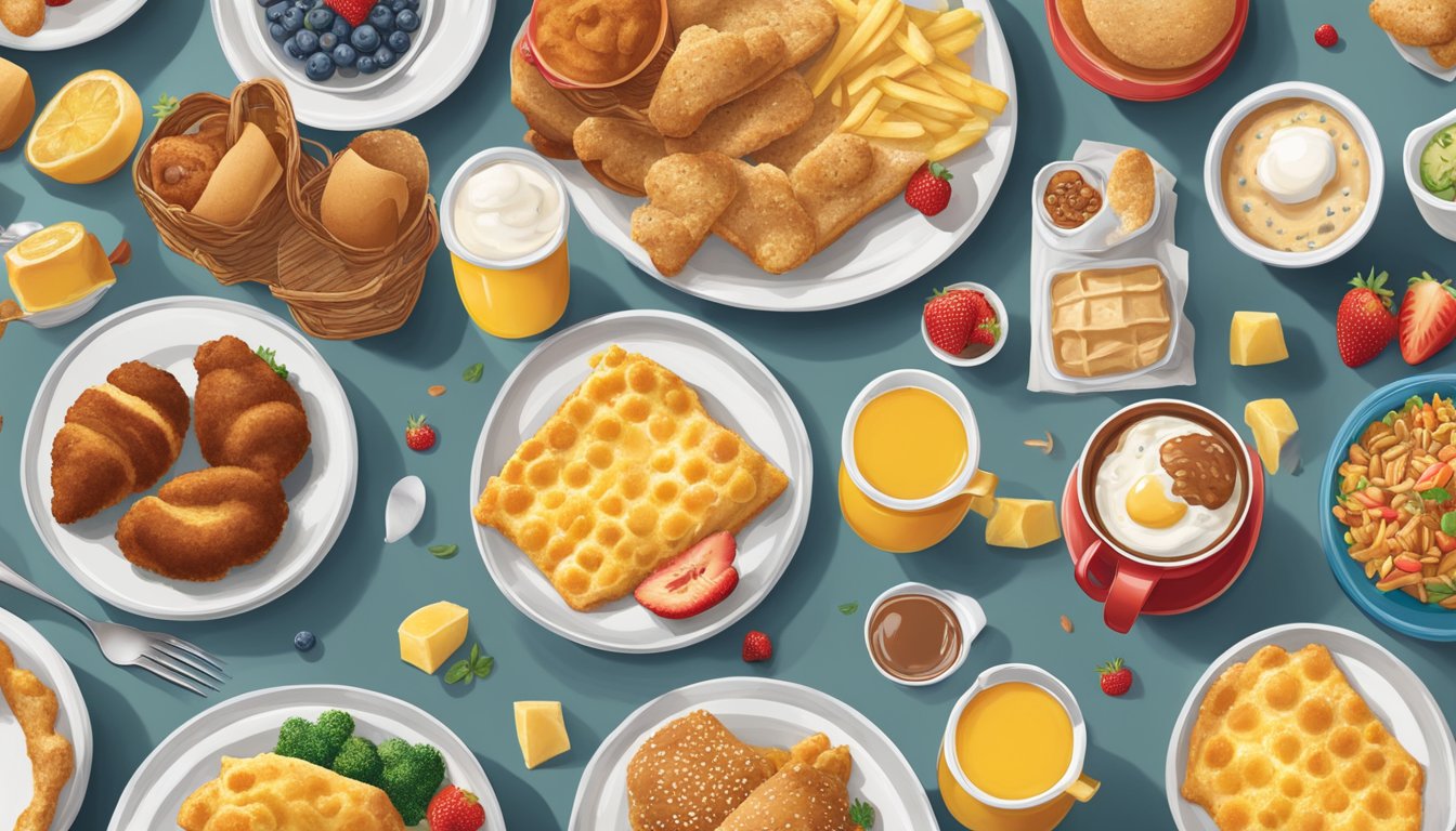 A vibrant Chick-fil-A breakfast spread surrounded by diverse cultural symbols from around the world