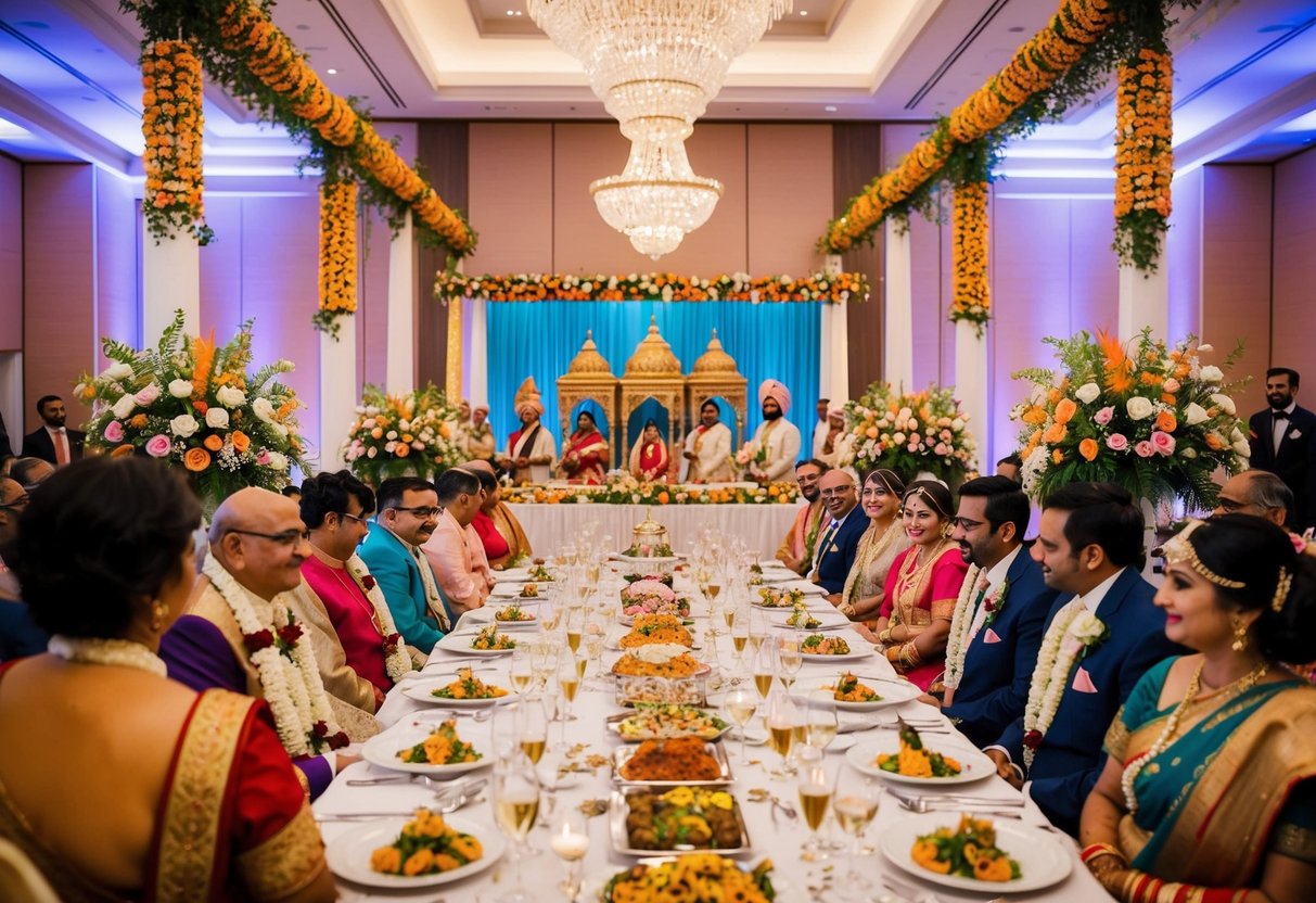 A traditional Indian wedding ceremony in the UK, with colorful decorations, floral arrangements, and a lavish banquet spread