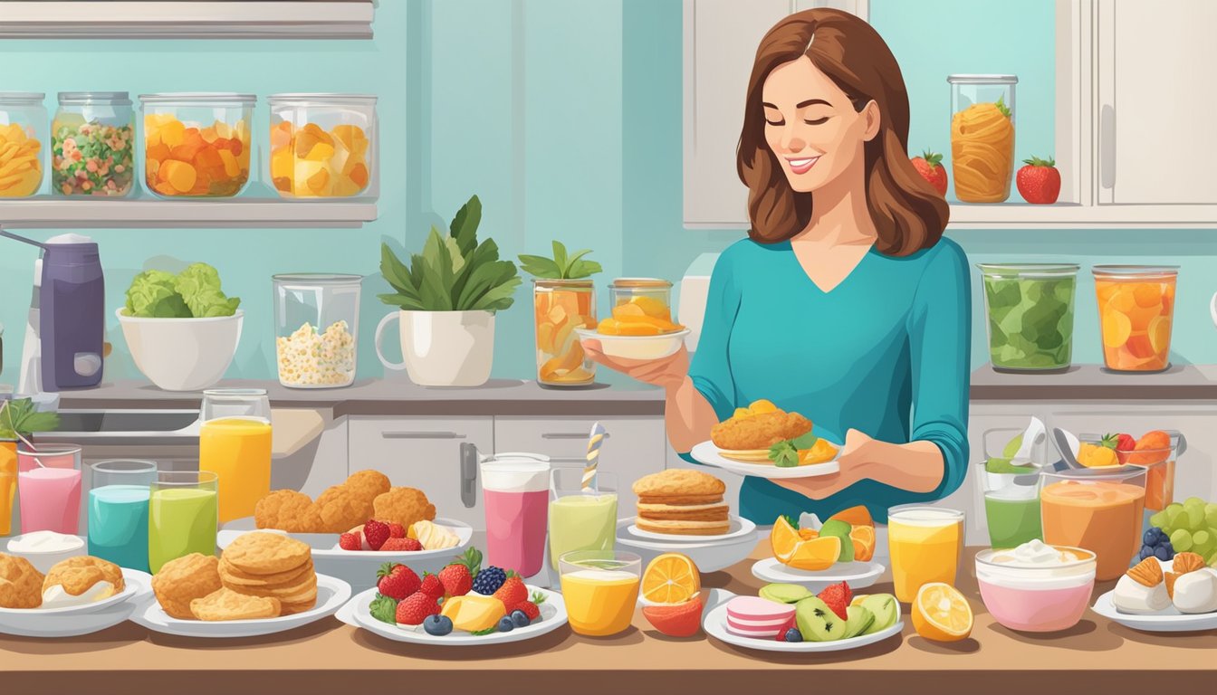 A dietitian examines a colorful array of breakfast items, including chicken biscuits, fruit cups, and yogurt parfaits, while considering their nutritional value