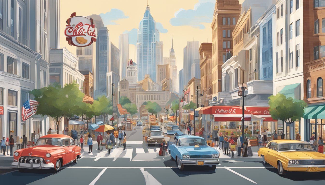 A bustling city street with iconic landmarks from around the world, featuring Chick-fil-A breakfast items and promotional materials