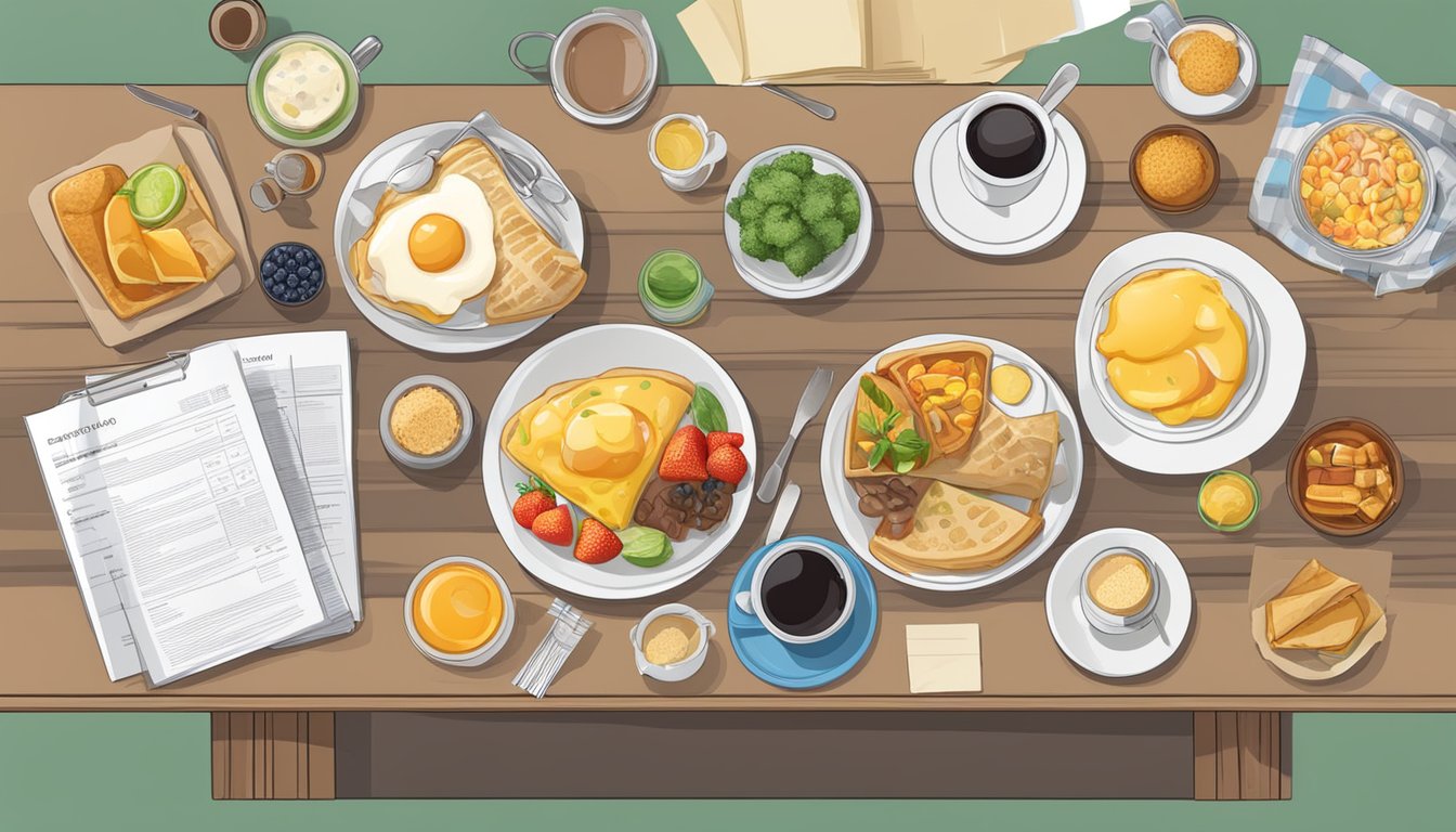 A table with various breakfast items from different countries, surrounded by regulatory information documents