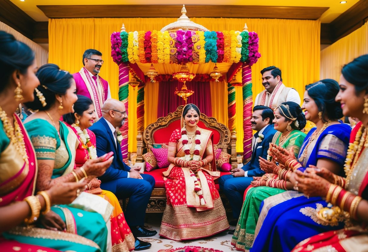A traditional Indian wedding ceremony in the UK, with vibrant decorations, intricate henna designs, and a colorful mandap surrounded by family and friends