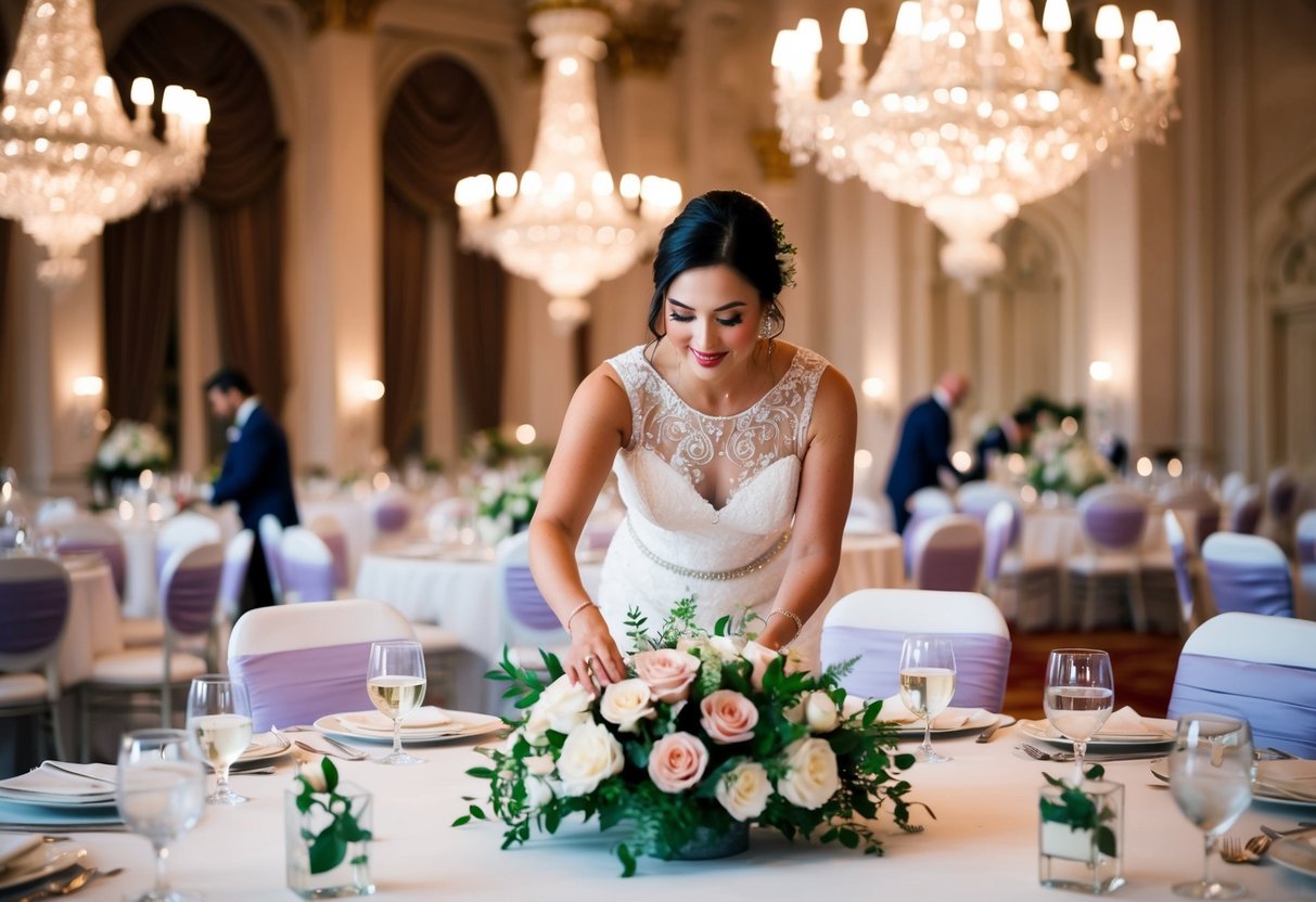 A wedding planner arranging flowers, seating, and decor in a grand ballroom