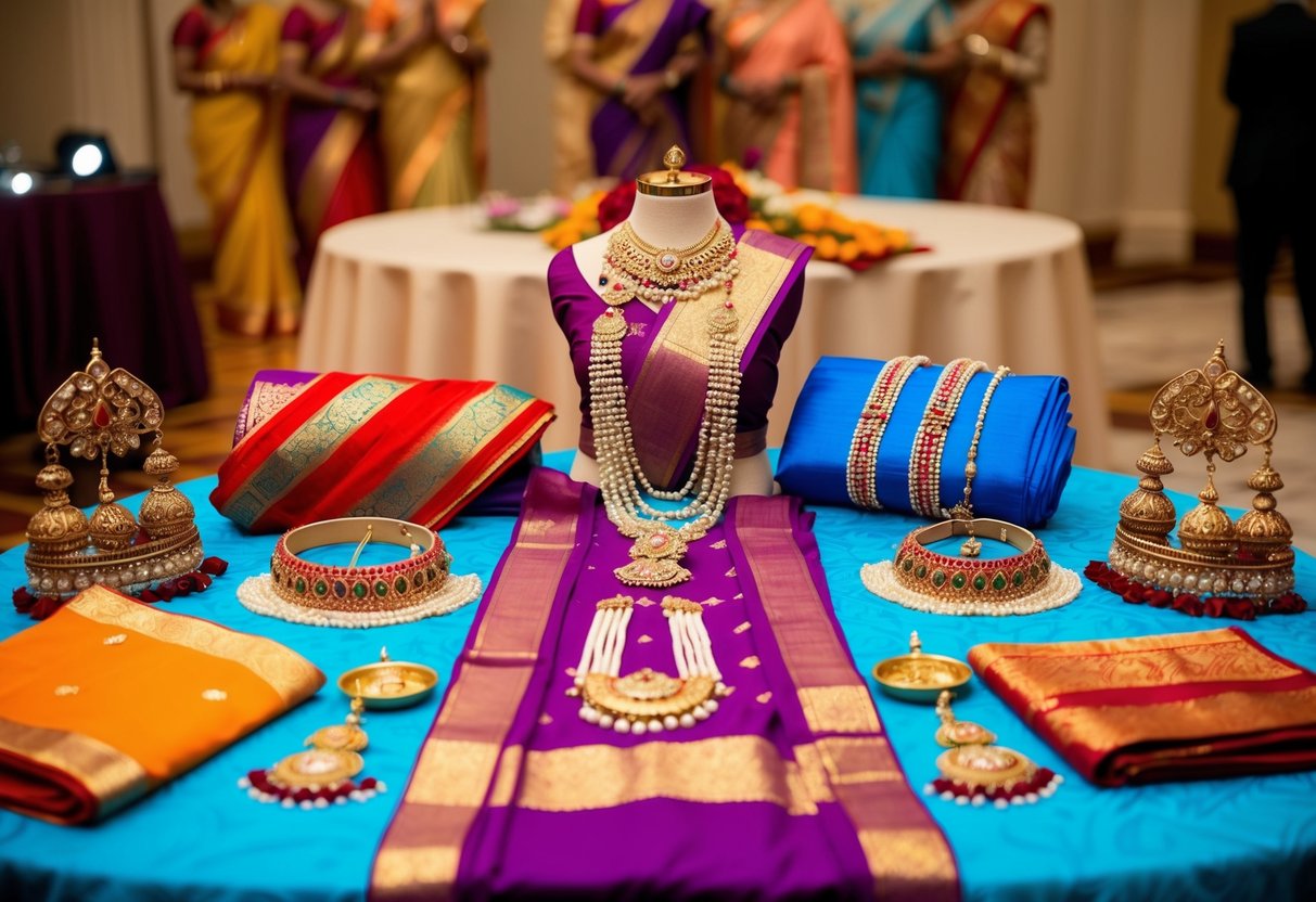 A traditional Indian wedding attire and accessories laid out on a table, including vibrant sarees, intricate jewelry, and ornate headpieces