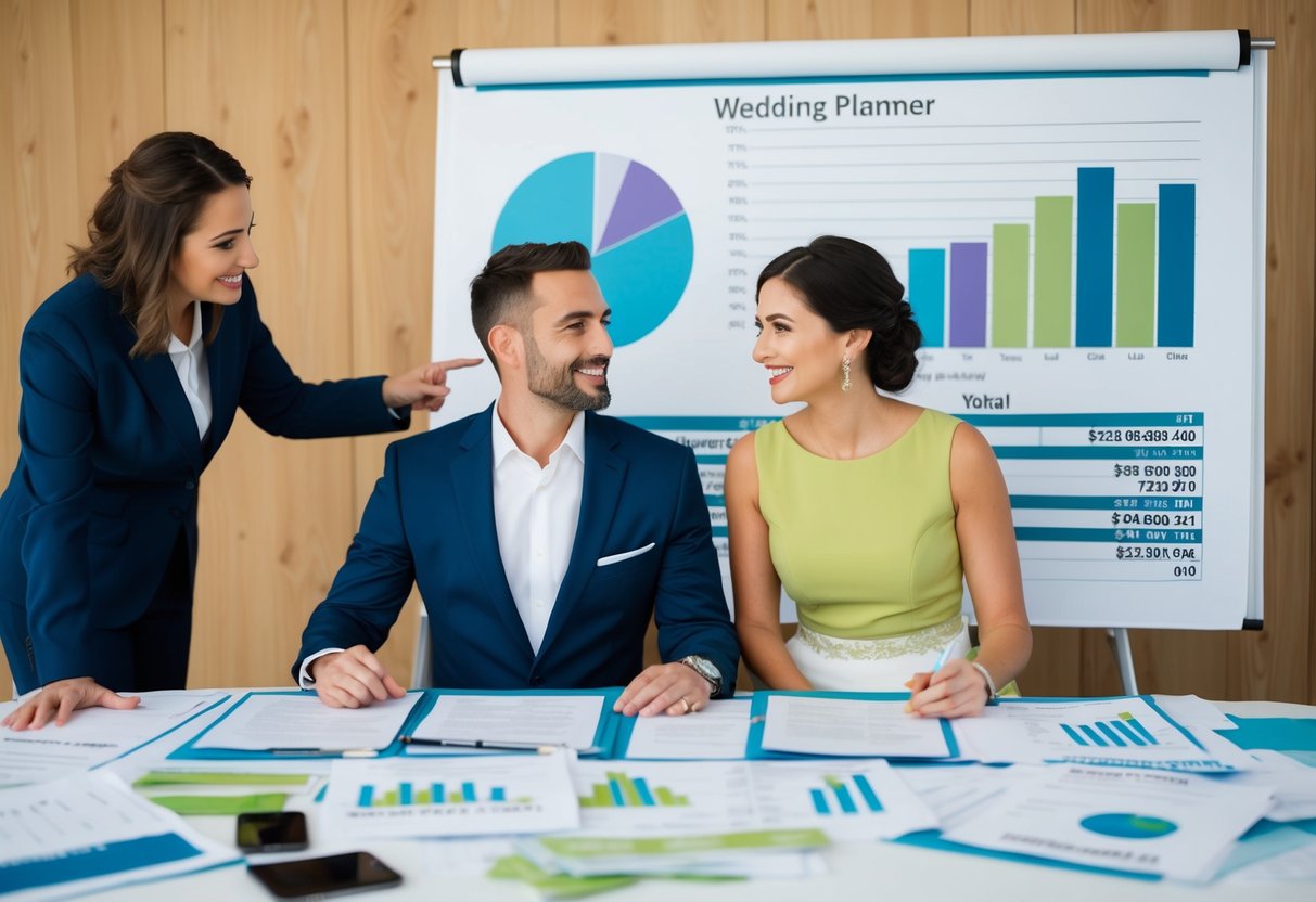 A couple sits at a table covered in wedding planning documents. A wedding planner stands nearby, pointing to a financial breakdown on a large chart