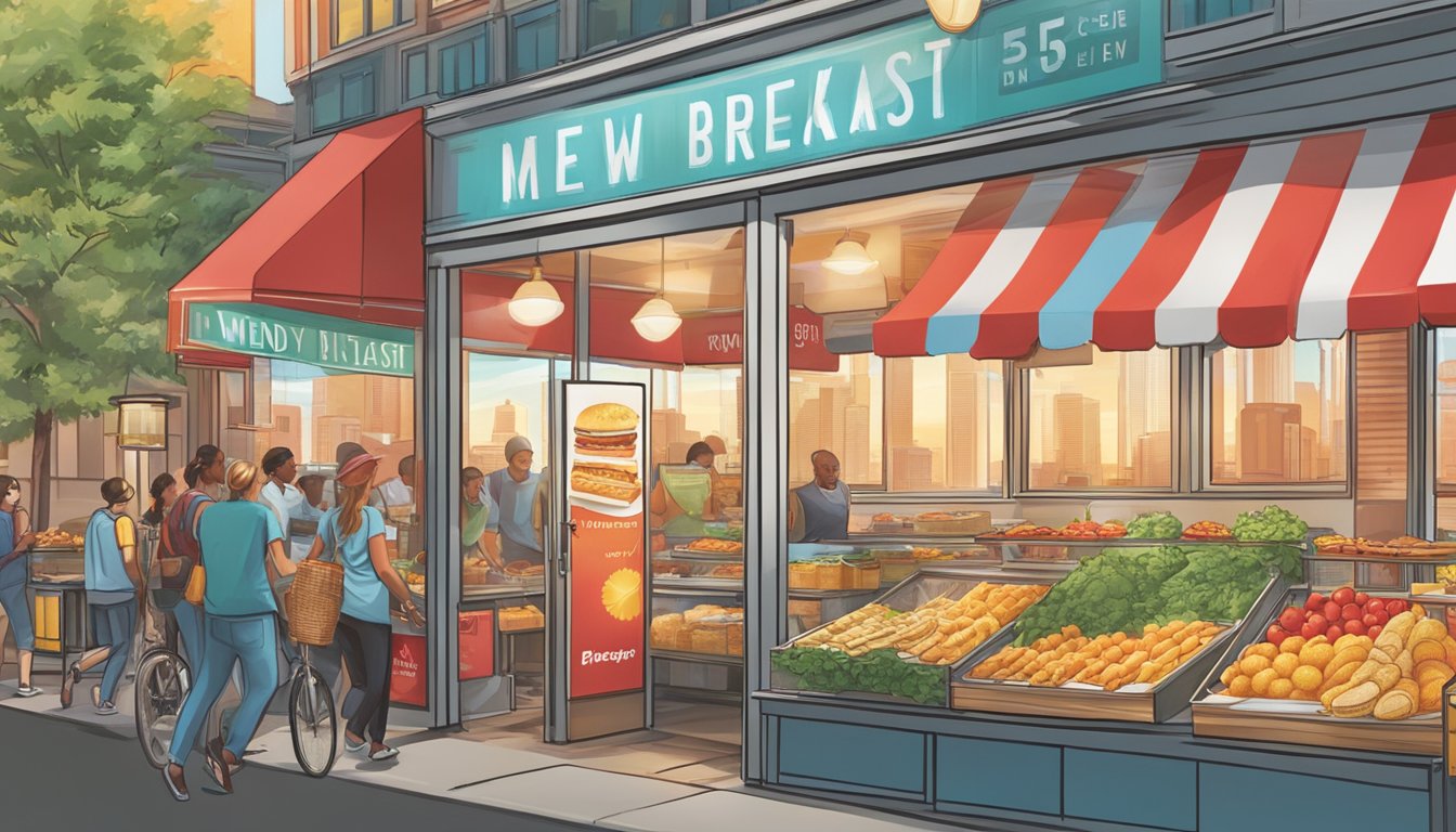 The sun rises over a bustling city as a new breakfast menu is unveiled at Wendy's, with colorful signage and fresh ingredients on display