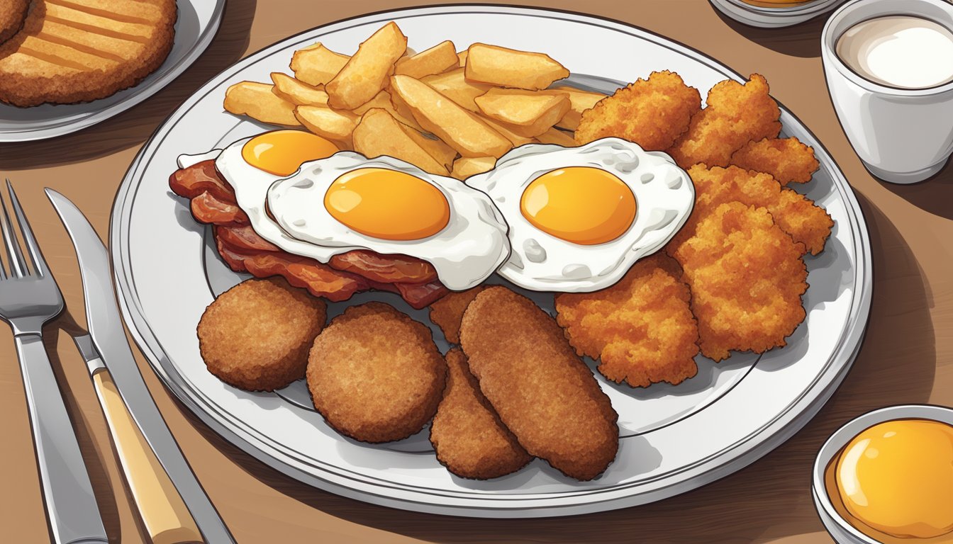 A plate with a classic American breakfast: fried eggs, crispy bacon, and a side of golden-brown chicken sausage patties