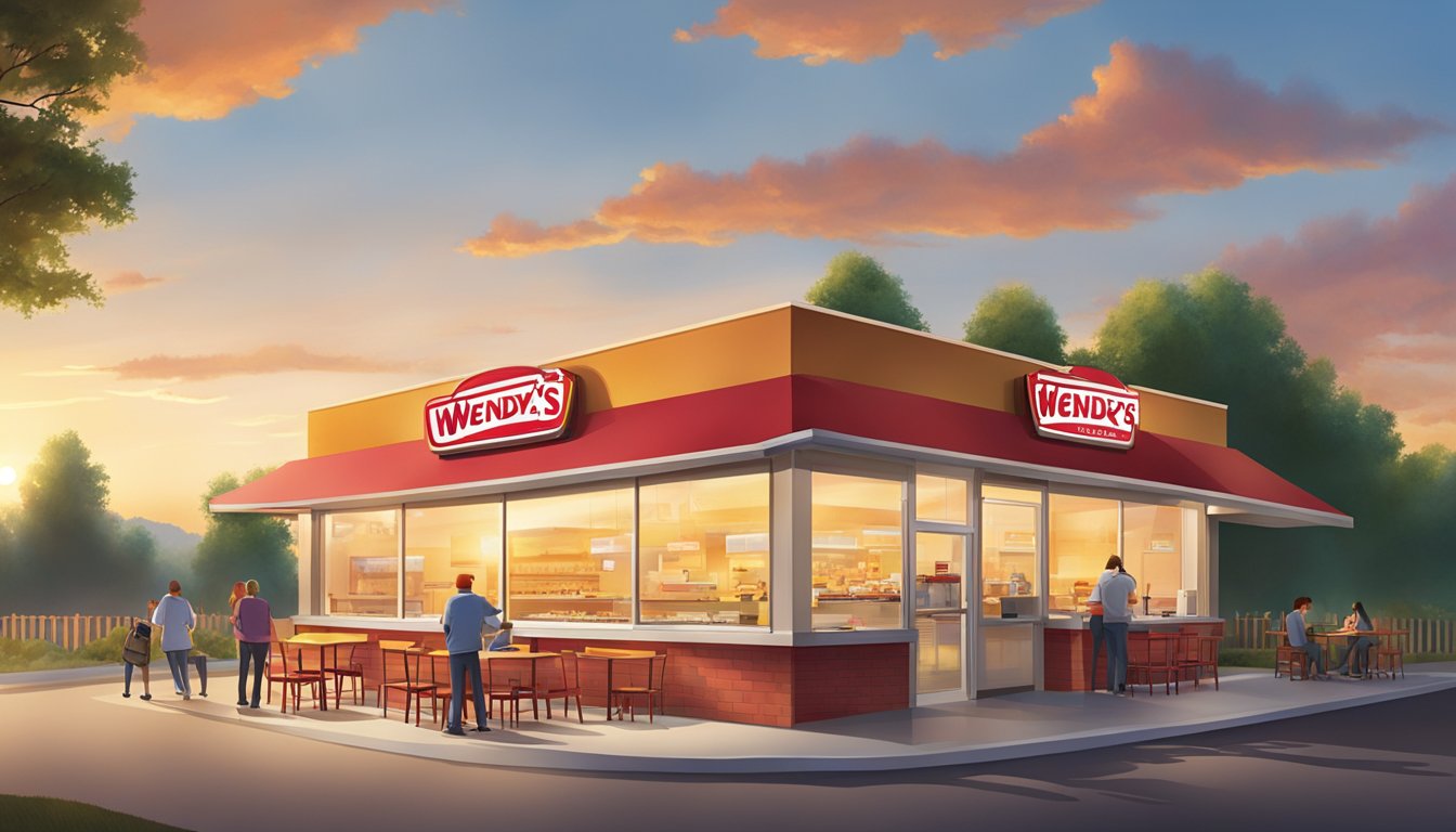 A sunrise over a Wendy's restaurant, with breakfast items displayed on the menu board and customers enjoying their meals