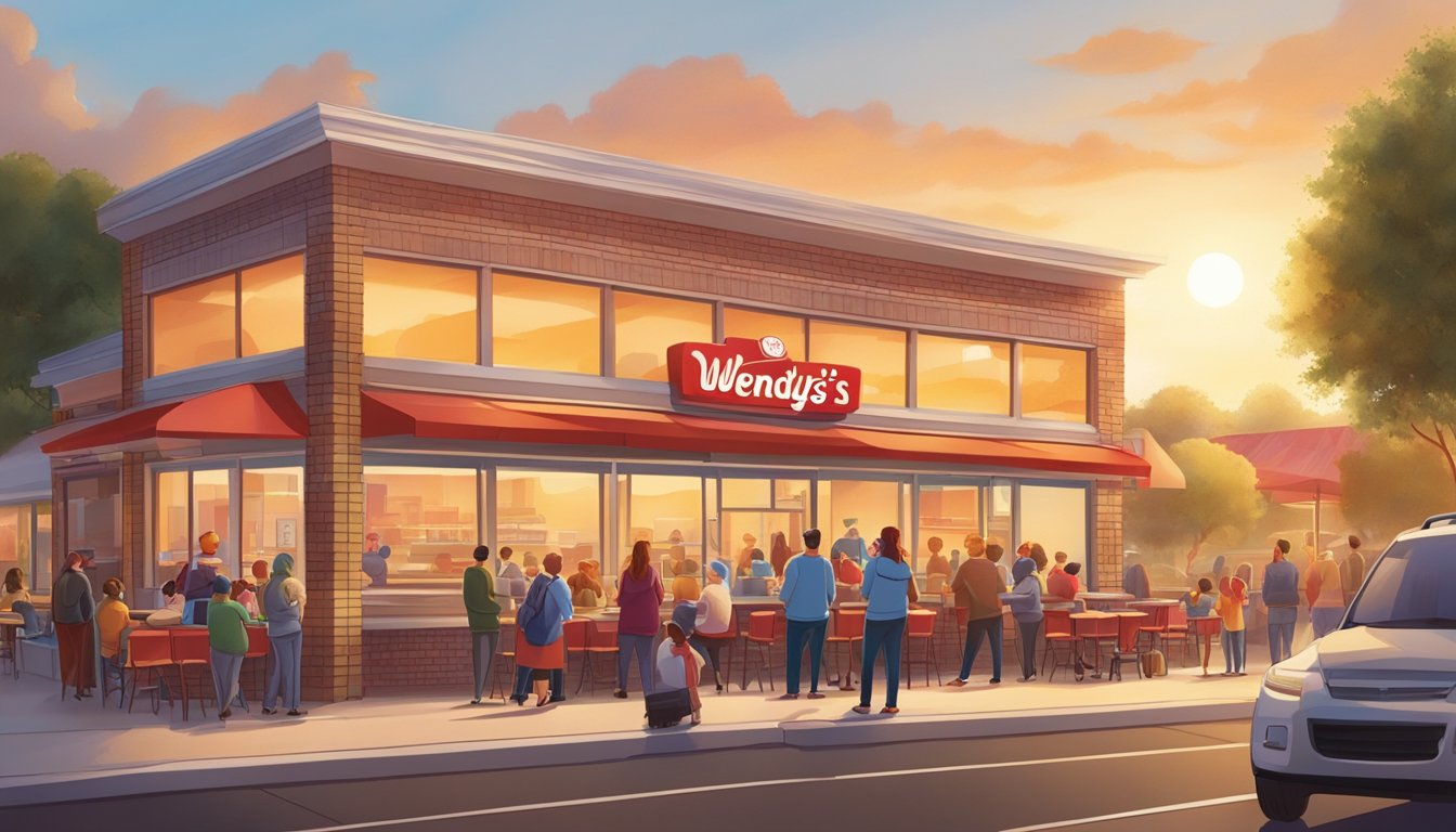 A bustling morning scene at a Wendy's restaurant, with customers eagerly ordering and enjoying the new breakfast menu items. The sun rises in the background, casting a warm glow over the scene